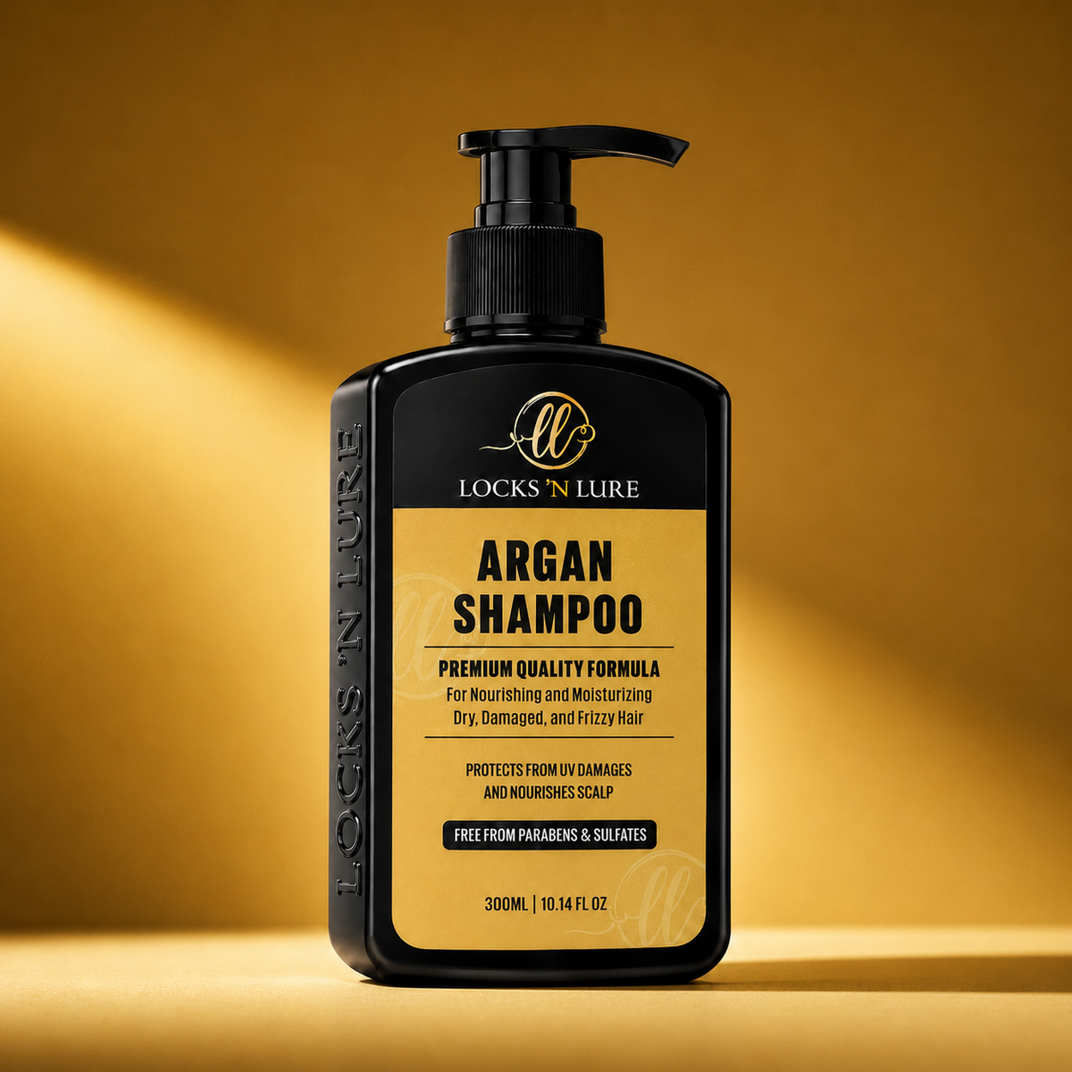 A black pump bottle of Locks 'N Lure Argan Shampoo with a gold label, set against a warm golden-brown background with dramatic diagonal light rays.