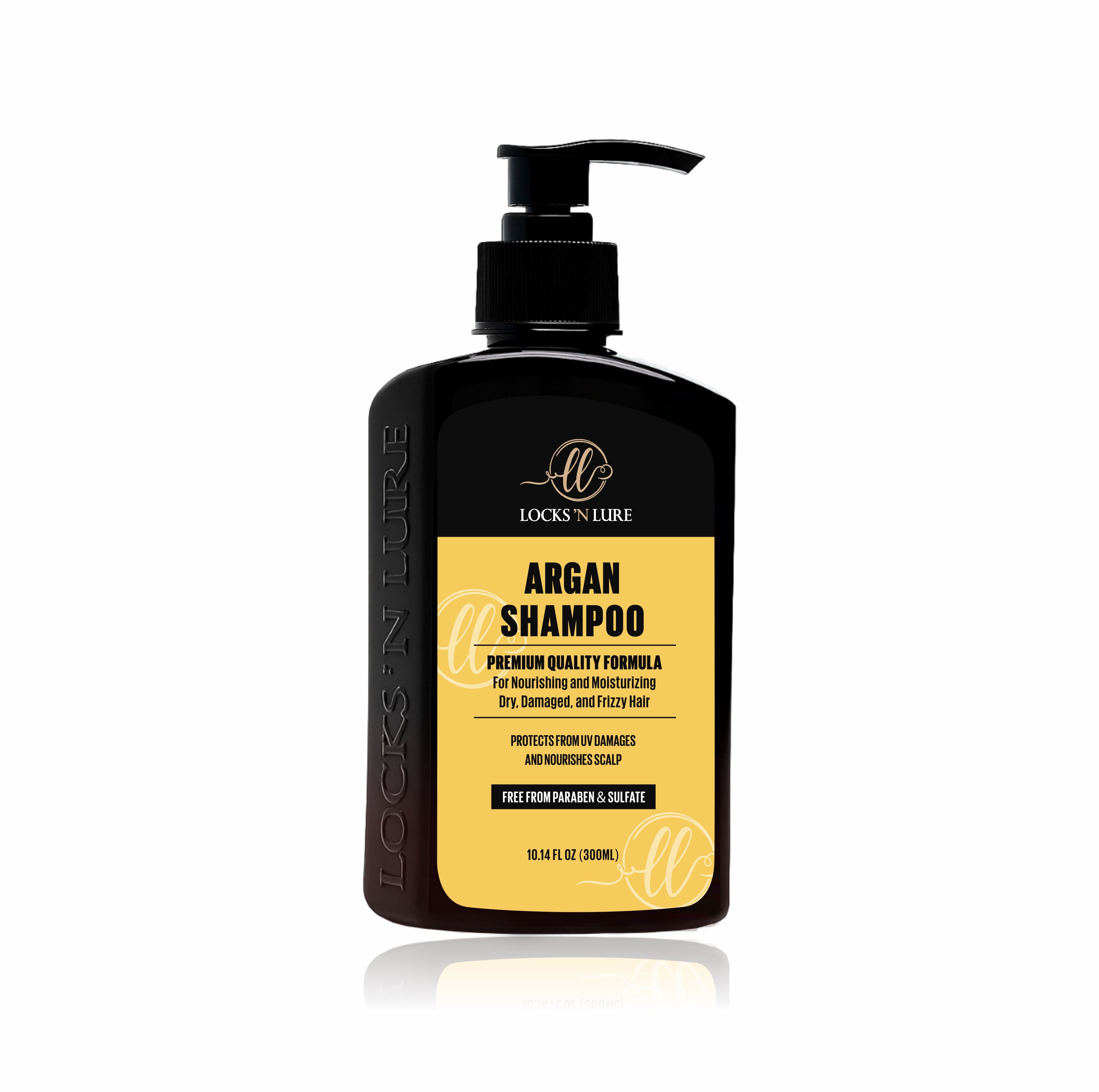 Black shampoo bottle with yellow label on a white background