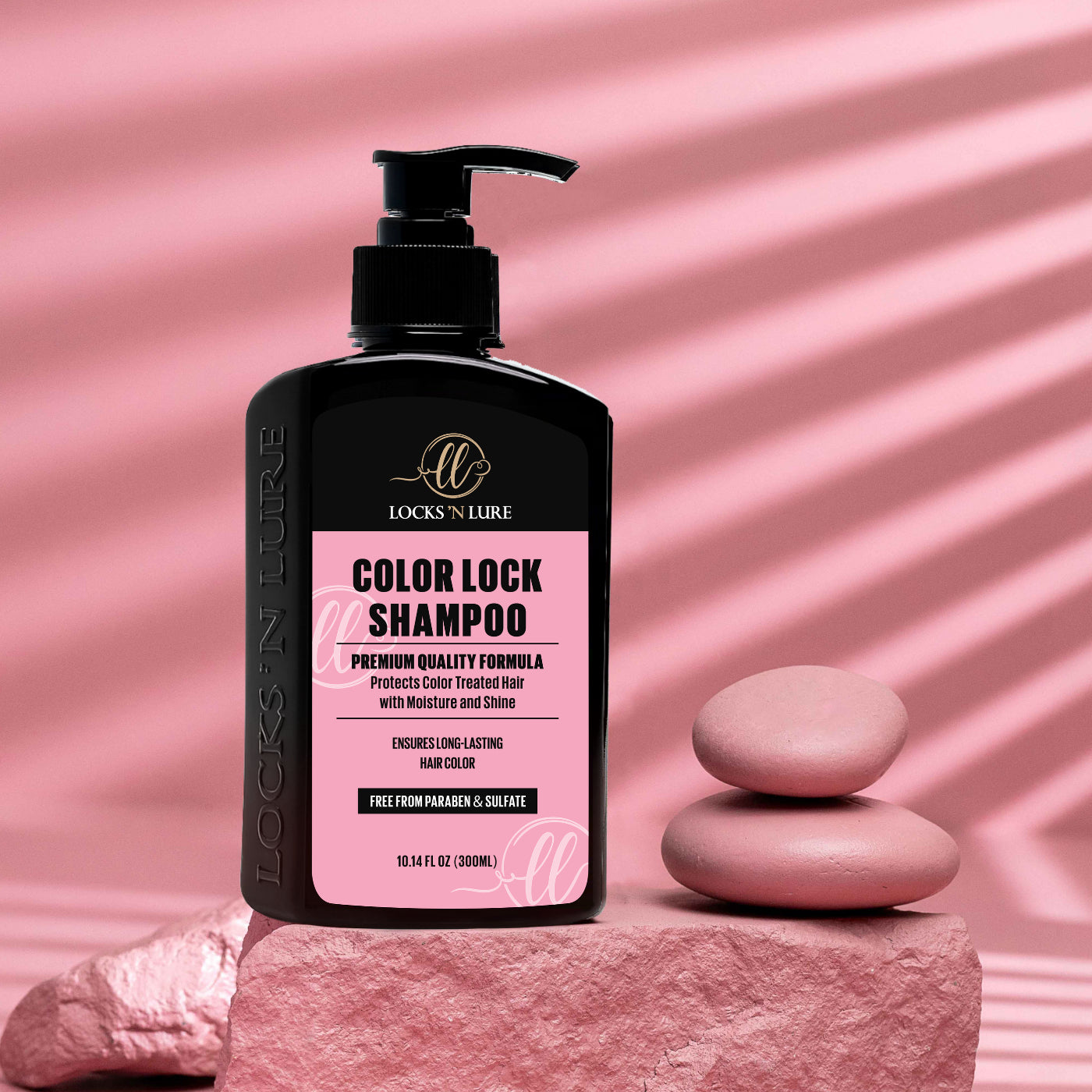 Locks 'N Lure Color Lock Shampoo bottle on a pink background with stones.