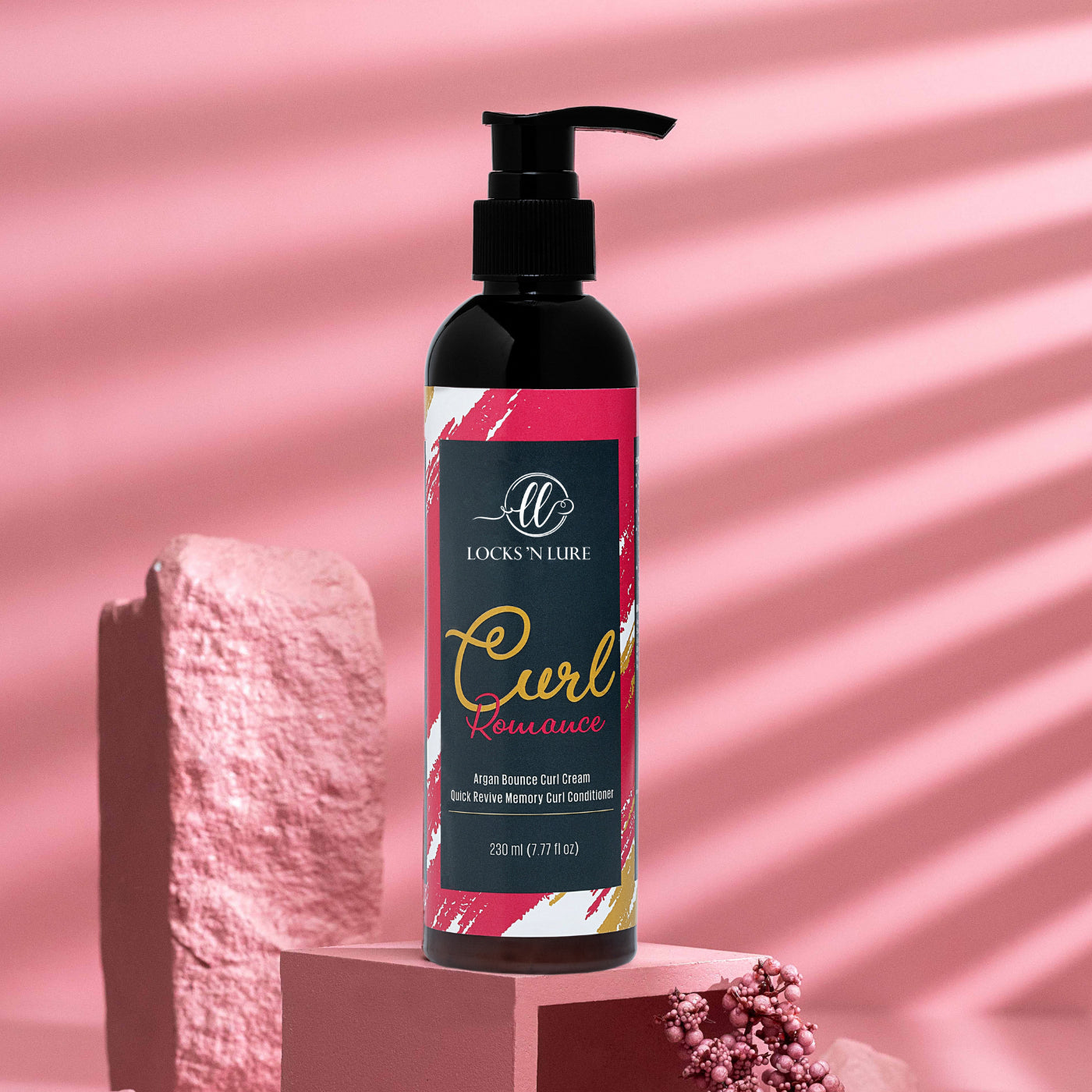 Locks 'N' Lucre Curl Romance hair product bottle on a pink background
