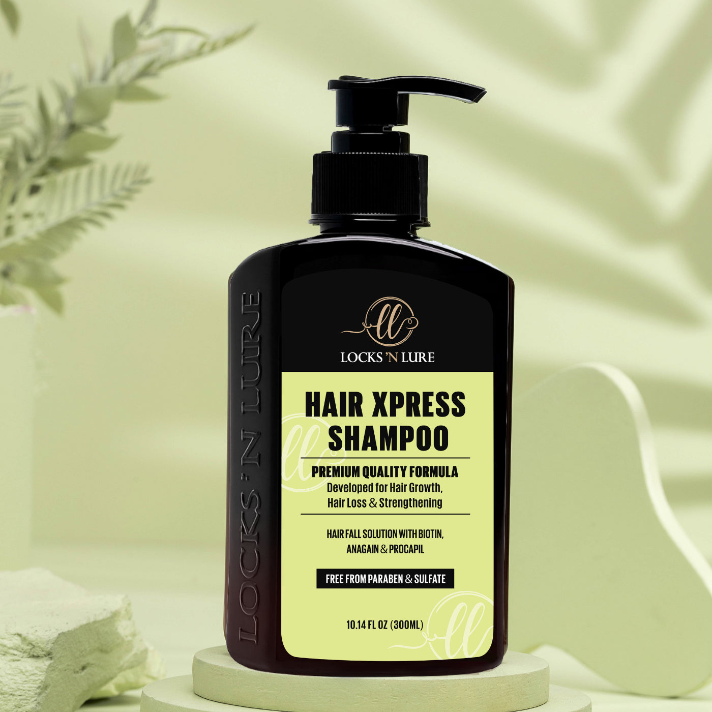 Hair Xpress Shampoo bottle with pump on a light green background