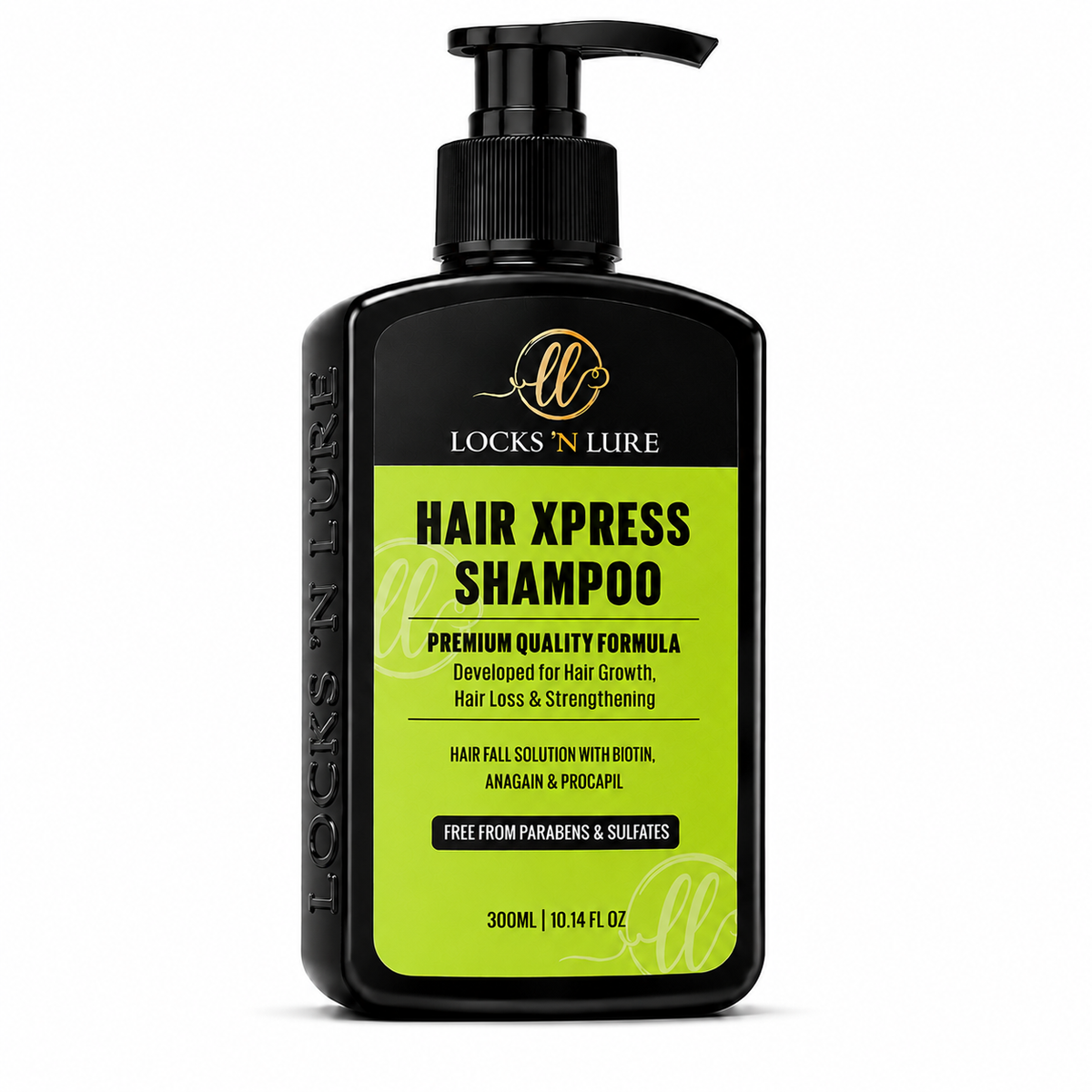 A 300ml bottle of Locks 'N Lure Hair Xpress Shampoo, featuring a black plastic bottle with a black pump dispenser and a bright lime green label.