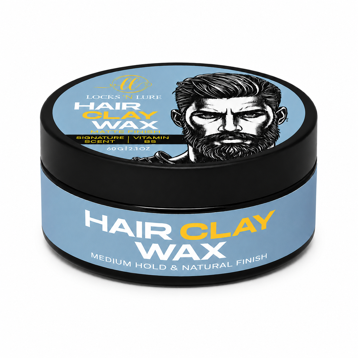 A round black jar of Locks Lure Hair Clay Wax with a light blue label, featuring a black and white illustration of a bearded man on the lid.