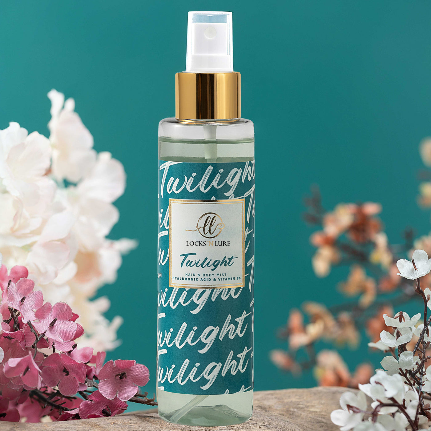 Twilight body mist bottle with floral background
