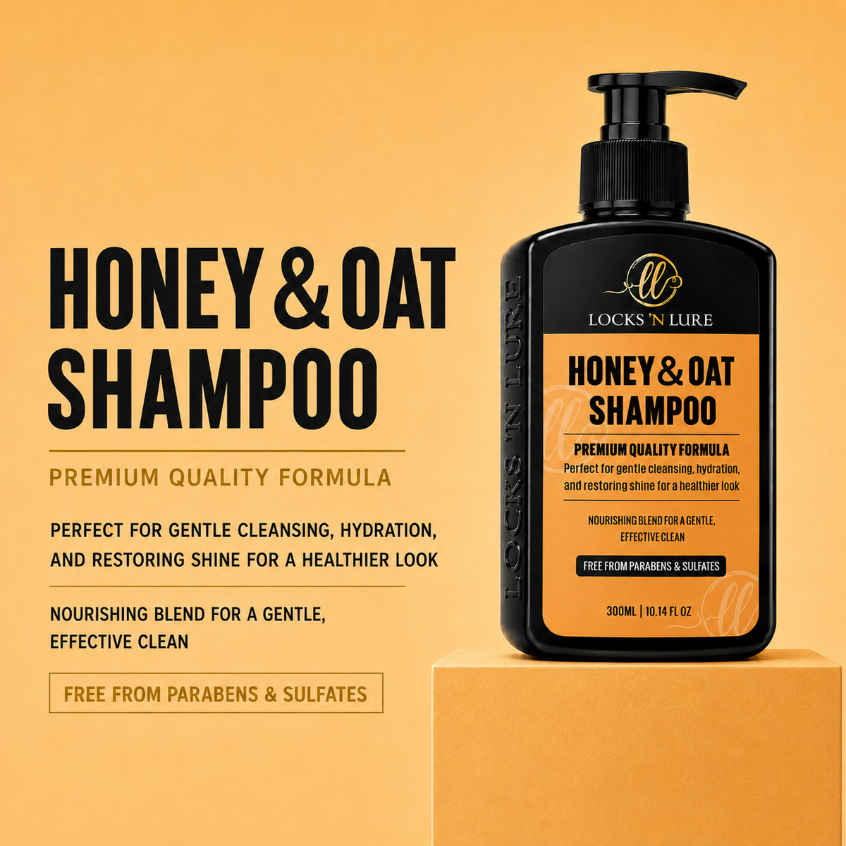 A bottle of Locks 'N Lure Honey & Oat Shampoo displayed on a matching orange pedestal against a solid orange background, with promotional text on the left.