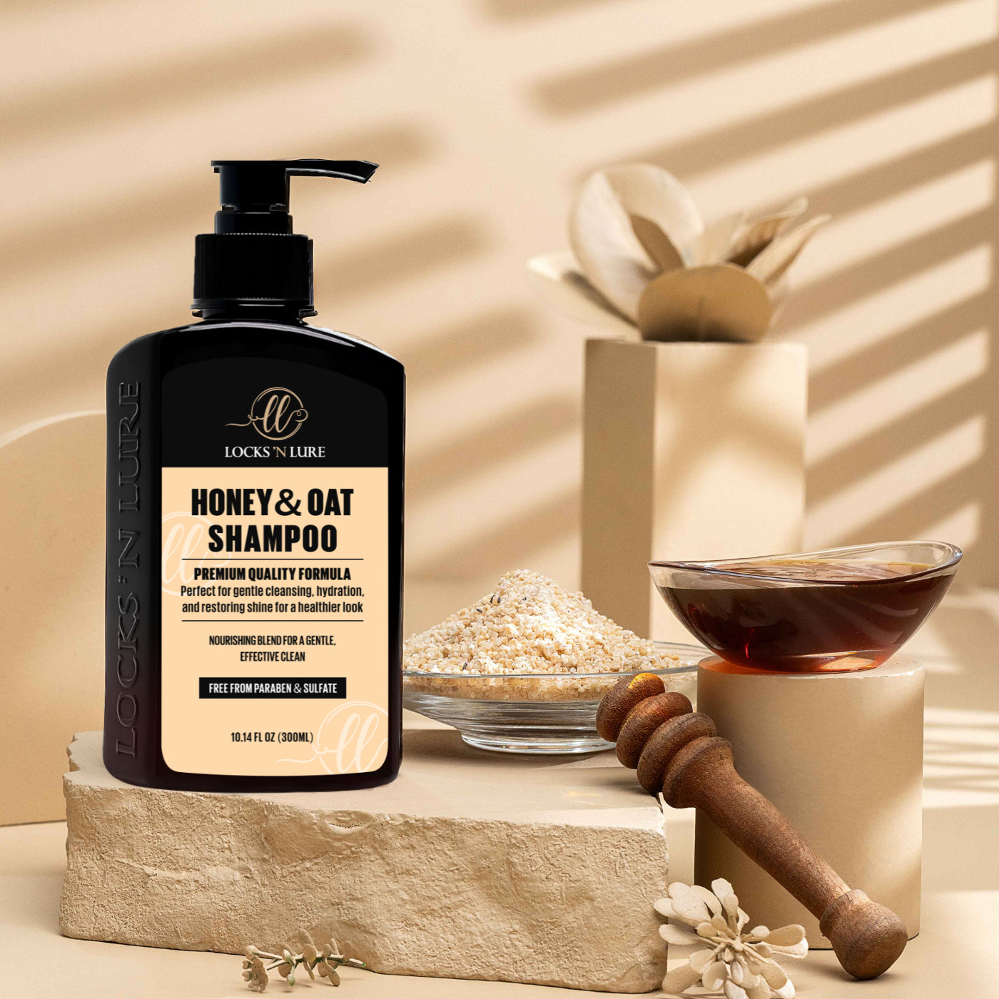Locks 'N' Lure Honey & Oat Shampoo bottle with ingredients on a neutral background