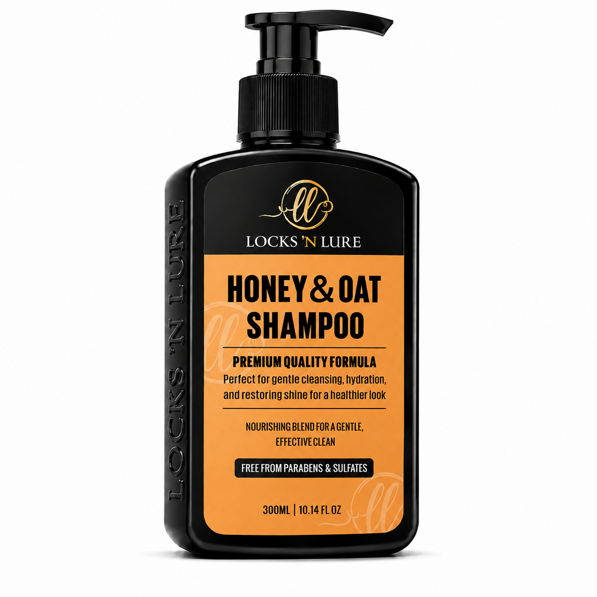A 300ml bottle of Locks 'N Lure Honey & Oat Shampoo, featuring a black plastic bottle with a black pump and a bright orange label, set against a plain white background.