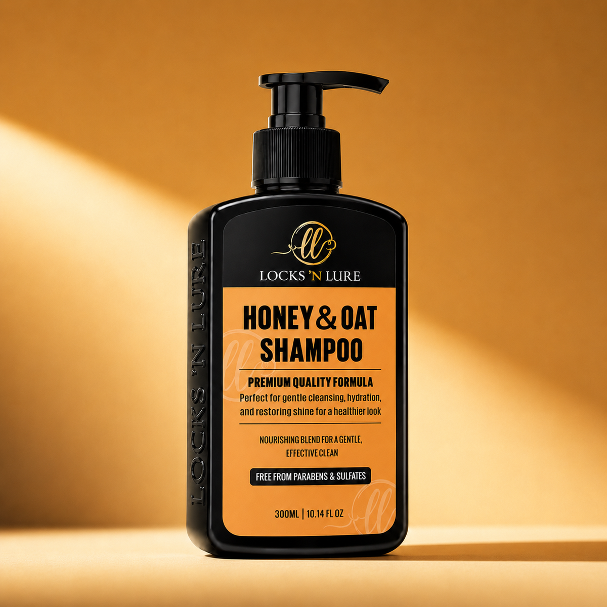 A bottle of Locks 'N Lure Honey & Oat Shampoo, featuring a black plastic pump bottle with a vibrant orange label, set against a warm golden-brown background with dramatic diagonal light rays.