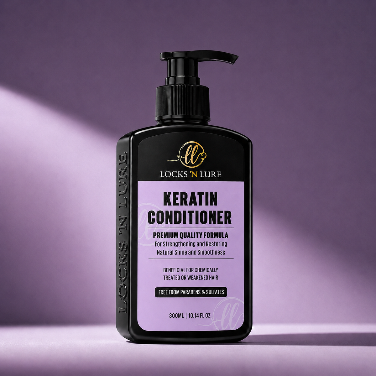 A black pump bottle of Locks 'N Lure Keratin Conditioner with a lavender label, set against a matching purple studio background with a soft spotlight effect.