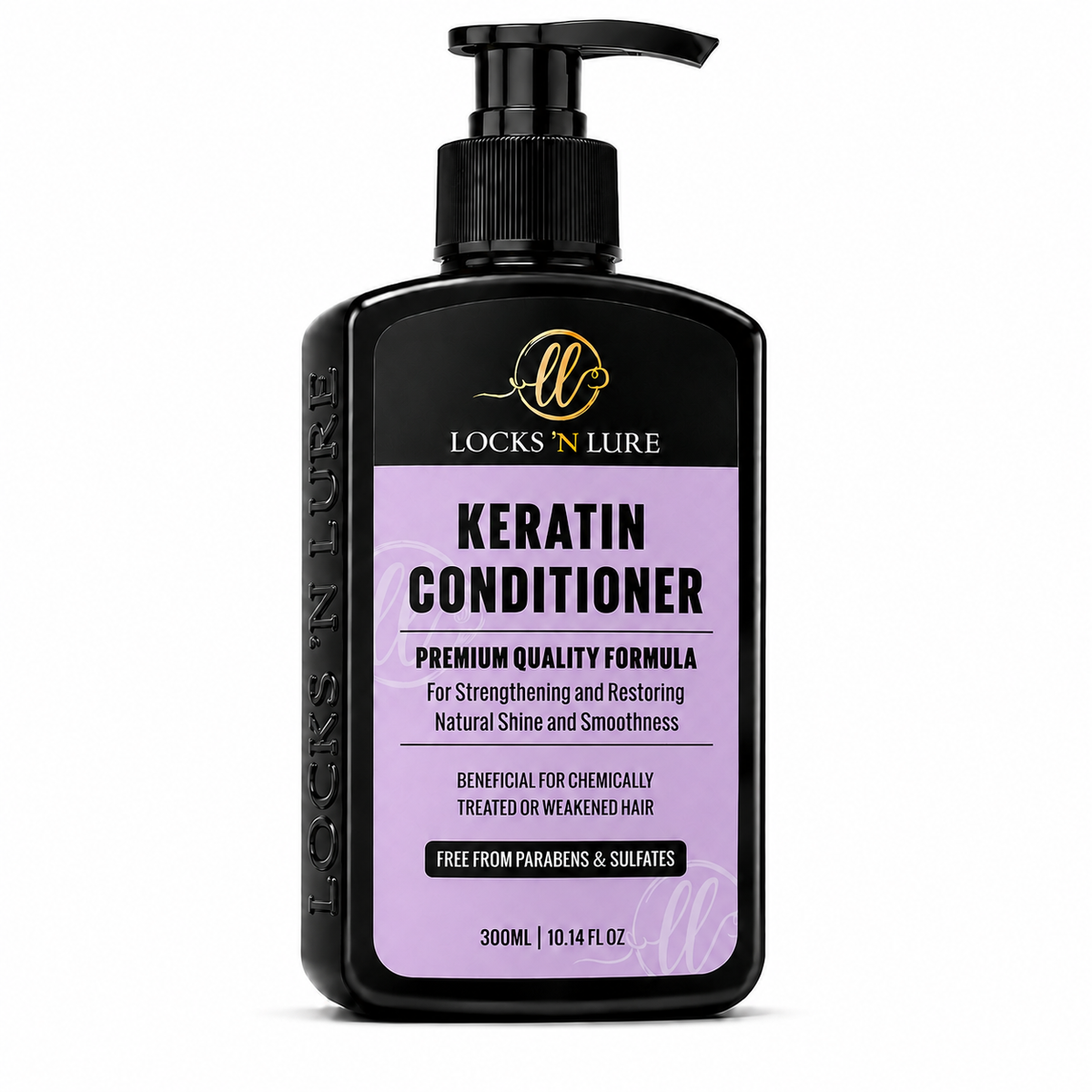 A 300ml black pump bottle of Locks 'N Lure Keratin Shampoo with a lavender label, shown on a clean white background.