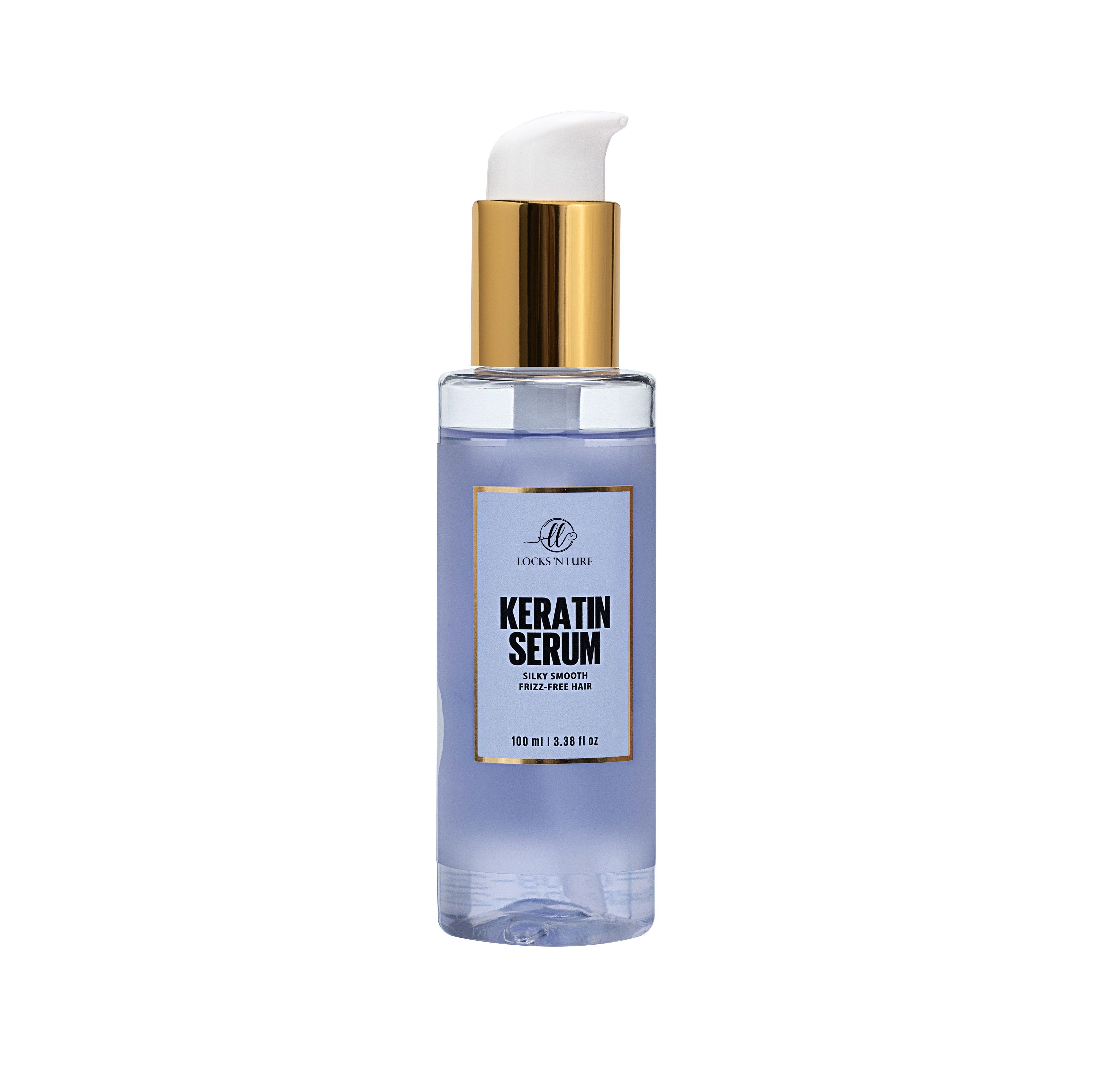 Keratin serum bottle with gold cap on a white background