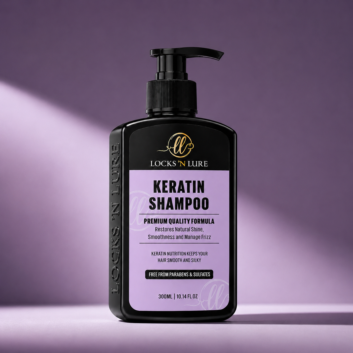 A bottle of Locks 'N Lure Keratin Shampoo, featuring a black plastic pump bottle with a lavender label, set against a purple studio background with dramatic lighting.
