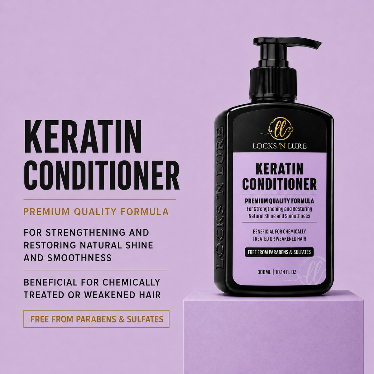 A pump bottle of Locks N Lure Keratin Conditioner displayed on a lavender pedestal against a matching lavender background, with promotional text on the left.