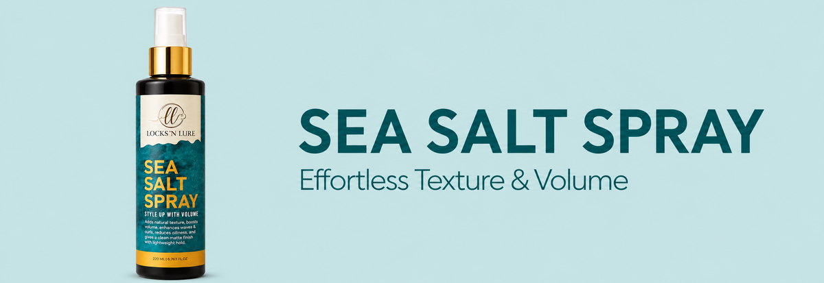 A bottle of Legacy Lane Sea Salt Spray with a white pump and gold collar, shown next to the text 'SEA SALT SPRAY' and 'Effortless Texture & Volume' on a light blue background.