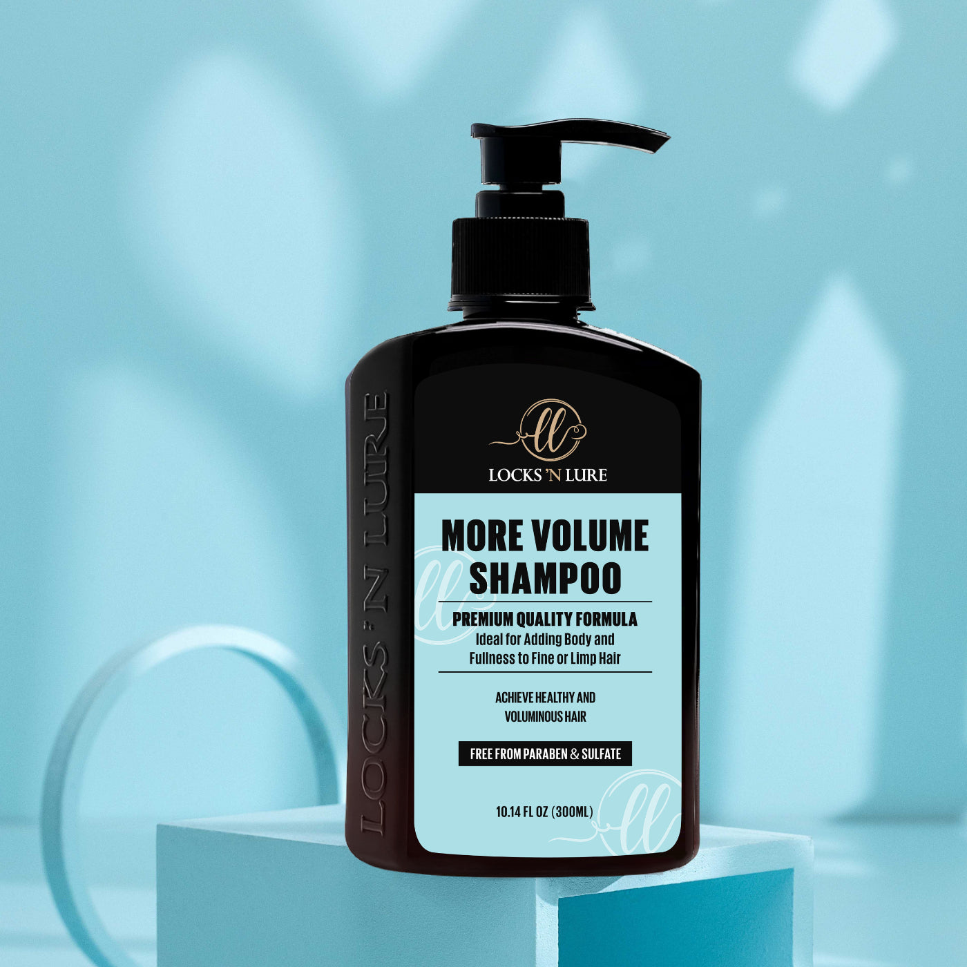 Locks 'N Lure More Volume Shampoo bottle on a light blue background
