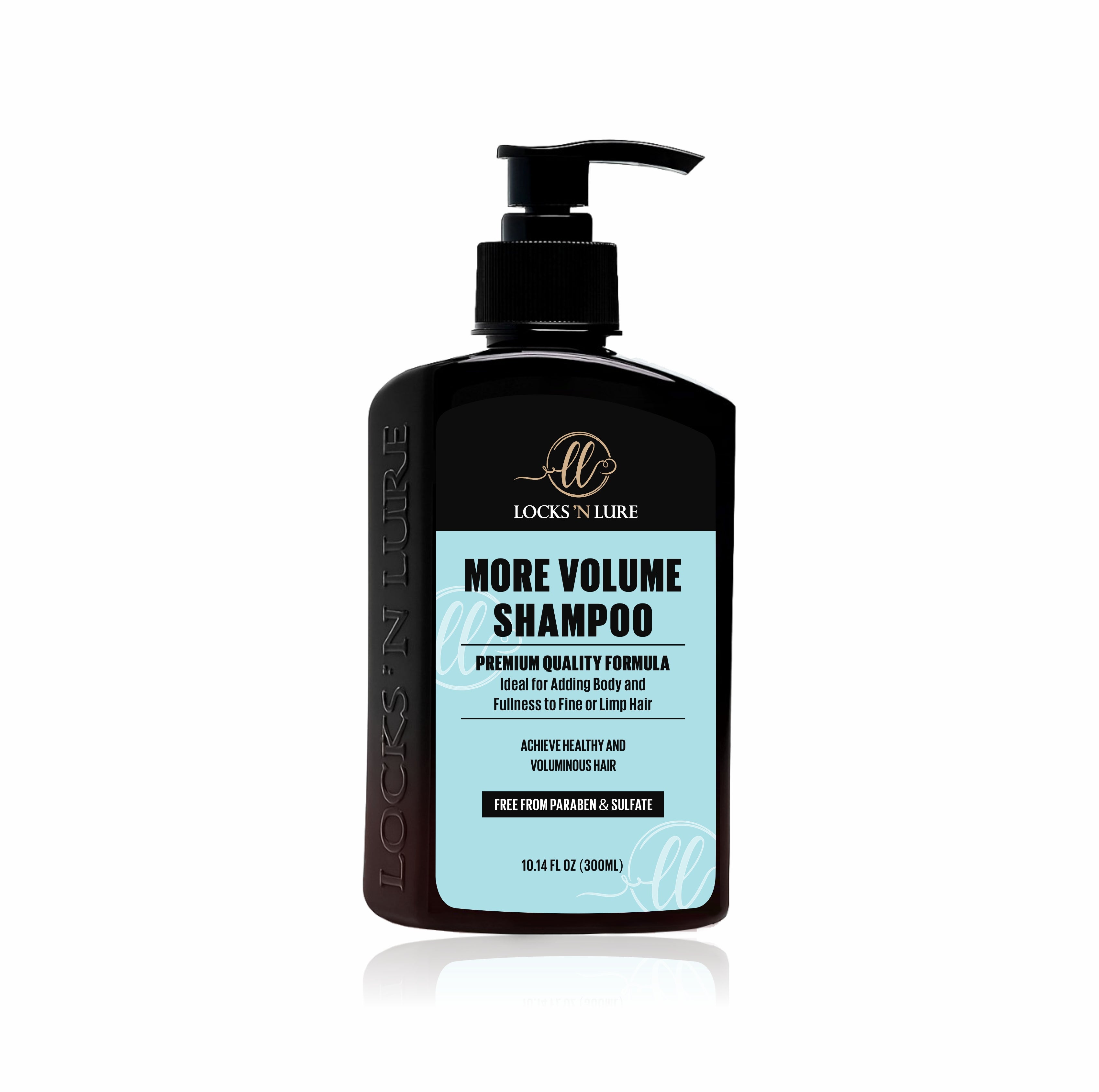 Shampoo bottle with pump labeled 'More Volume Shampoo' on a white background