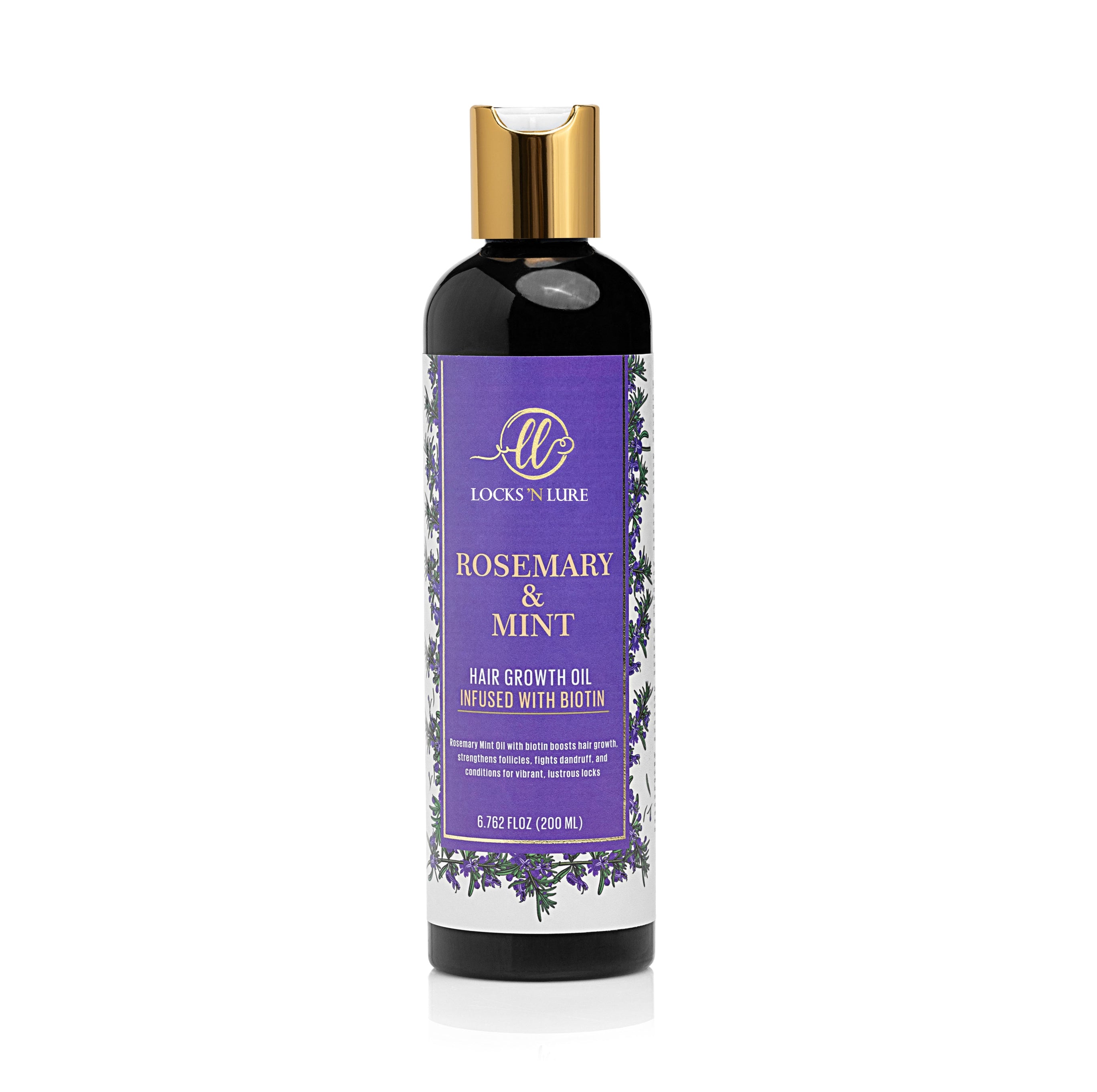 Bottle of Locks 'N Lure Rosemary & Mint hair growth oil on a white background