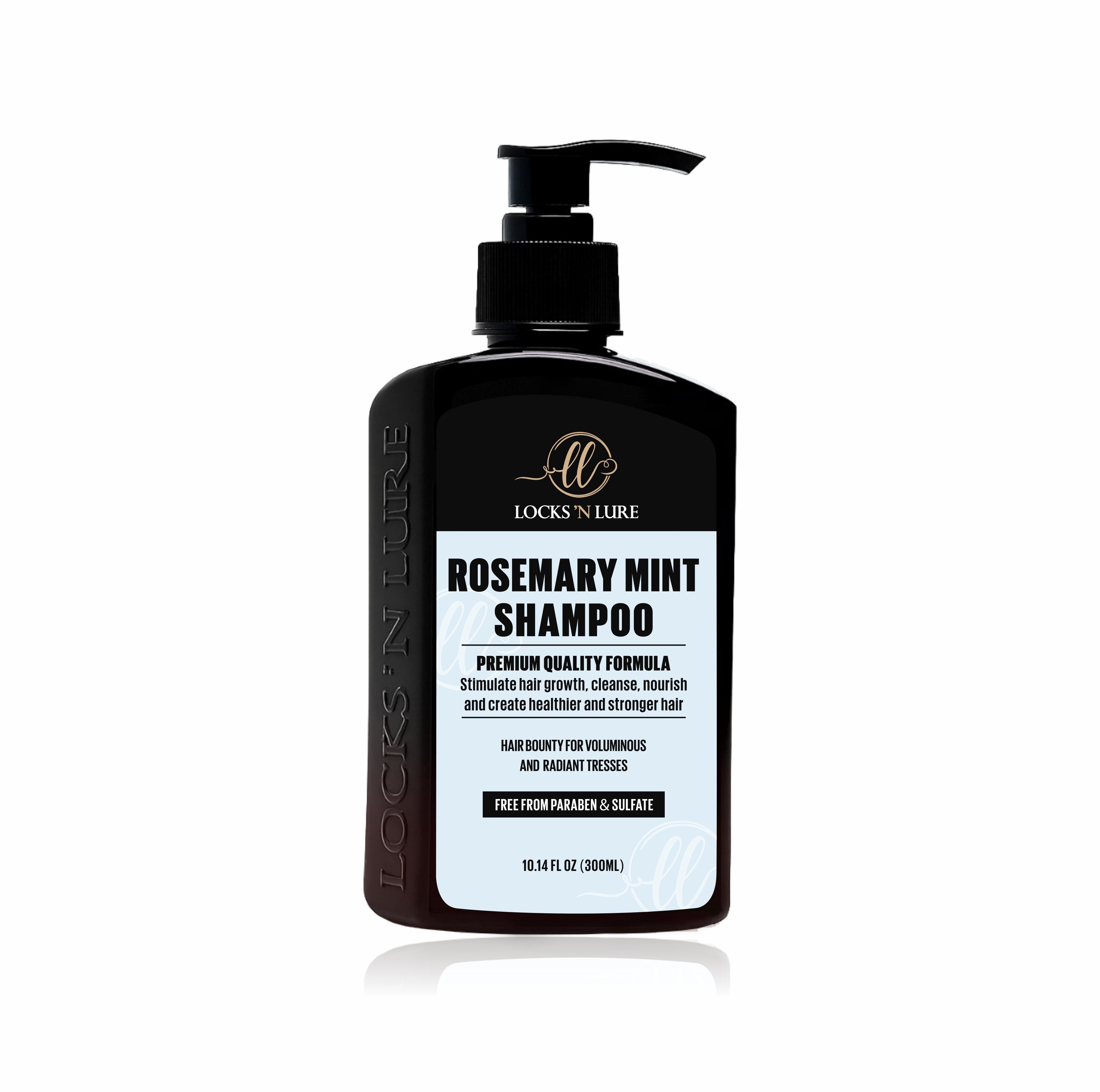 Black shampoo bottle with a label on a white background