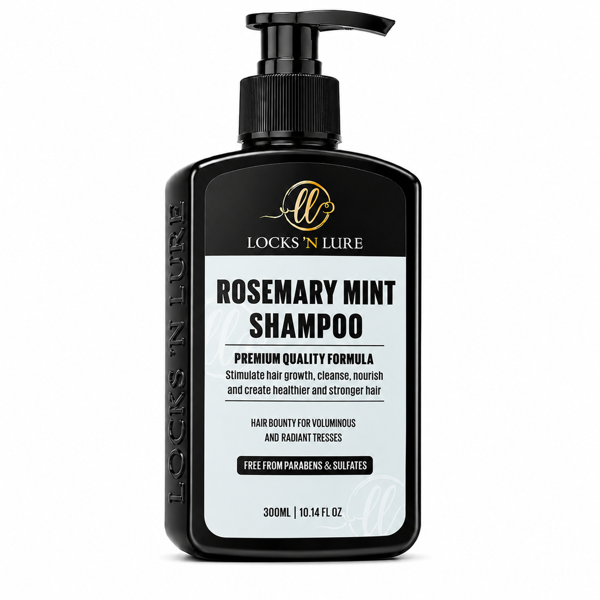 A 300ml black pump bottle of Locks 'N Lure Rosemary Mint Shampoo, featuring a black and white label with gold accents, set against a plain white background.