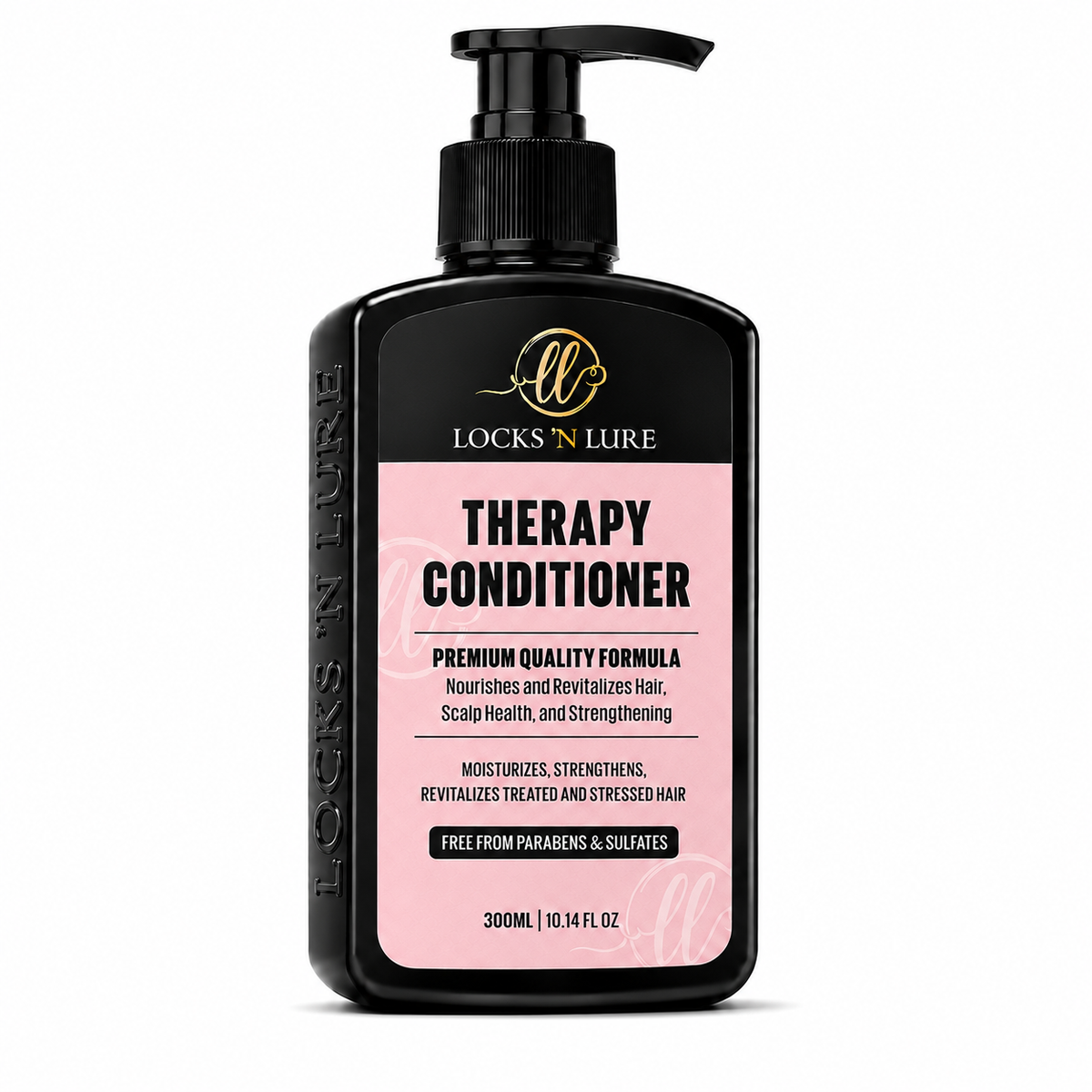 A 300ml black pump bottle of Locks 'Lure Therapy Conditioner with a pink label, shown on a clean white background.