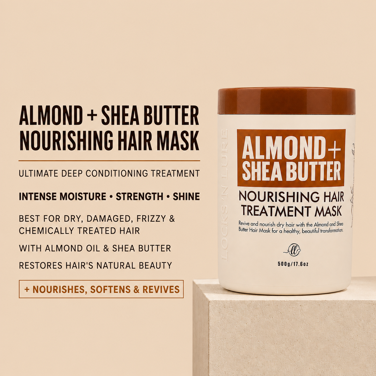 A white jar of Almond + Shea Butter Nourishing Hair Treatment Mask with a brown lid, displayed on a beige pedestal against a beige background with product text on the left.