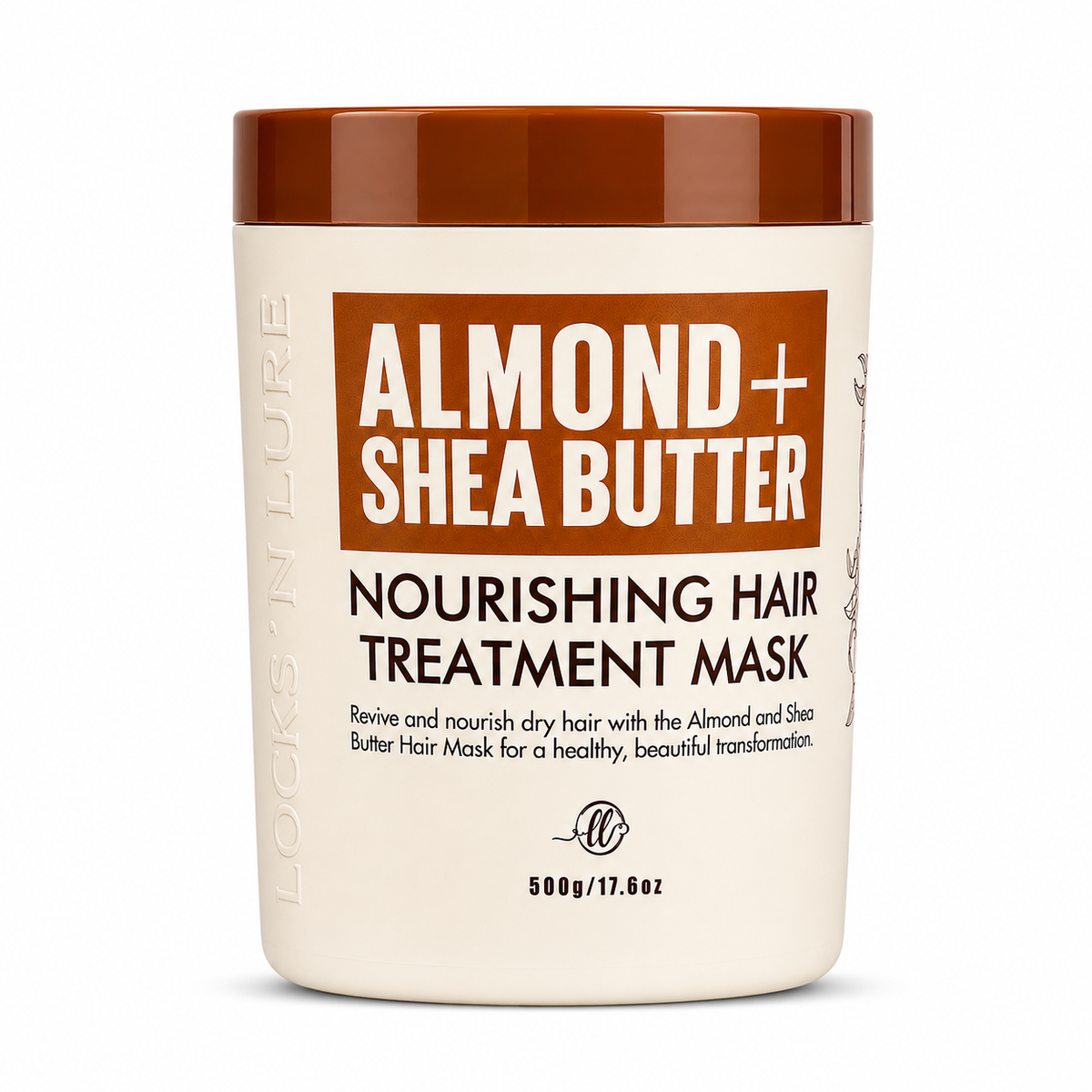 A white plastic jar of Locks 'N Lure Almond + Shea Butter Nourishing Hair Treatment Mask with a brown lid, shown on a white background.