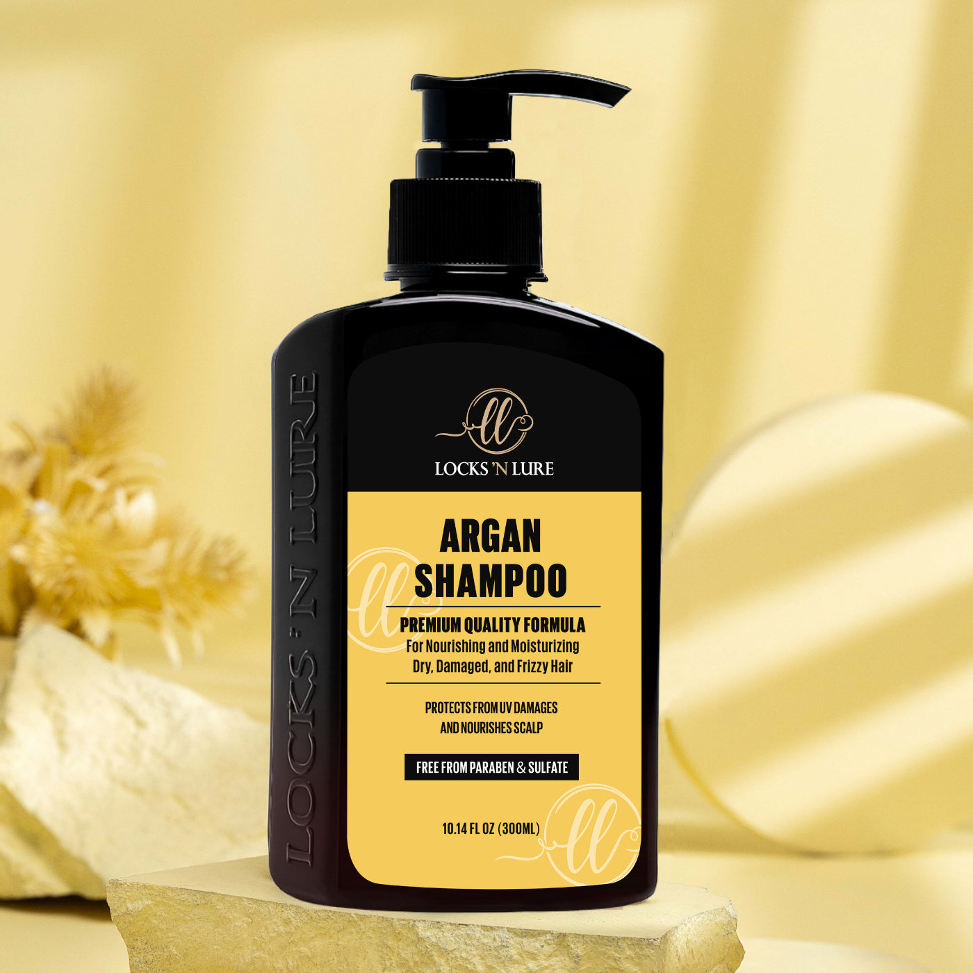 Locks 'N Lure Argan Shampoo bottle on a beige background