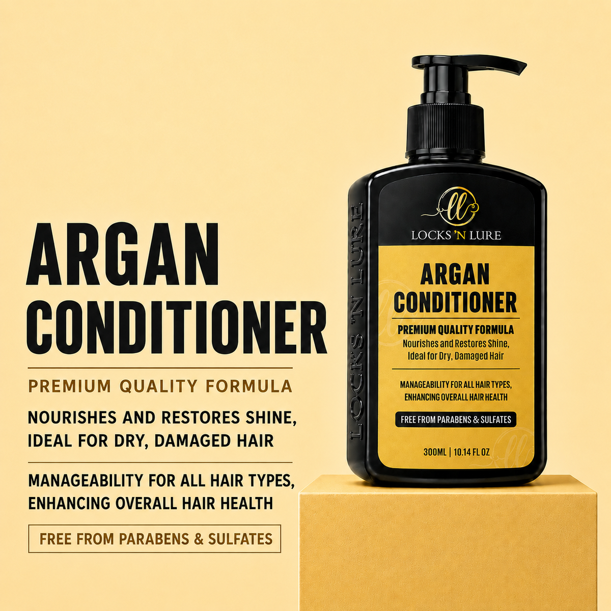 A bottle of Locks 'N Lure Argan Conditioner displayed on a gold pedestal against a warm beige background, with large promotional text on the left.