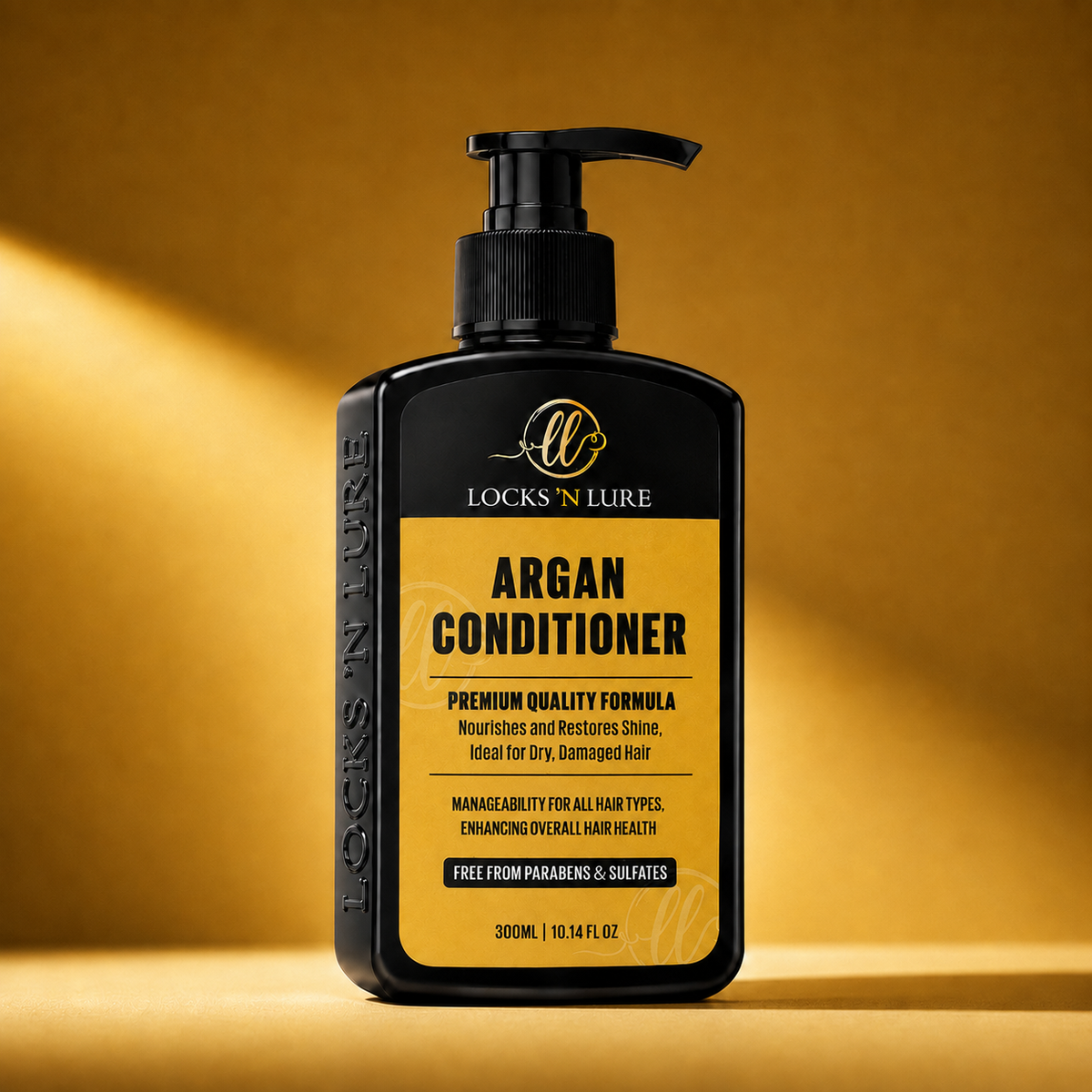 A black pump bottle of Locks 'N Lure Argan Conditioner with a yellow label, set against a warm golden-brown background with dramatic diagonal light rays.