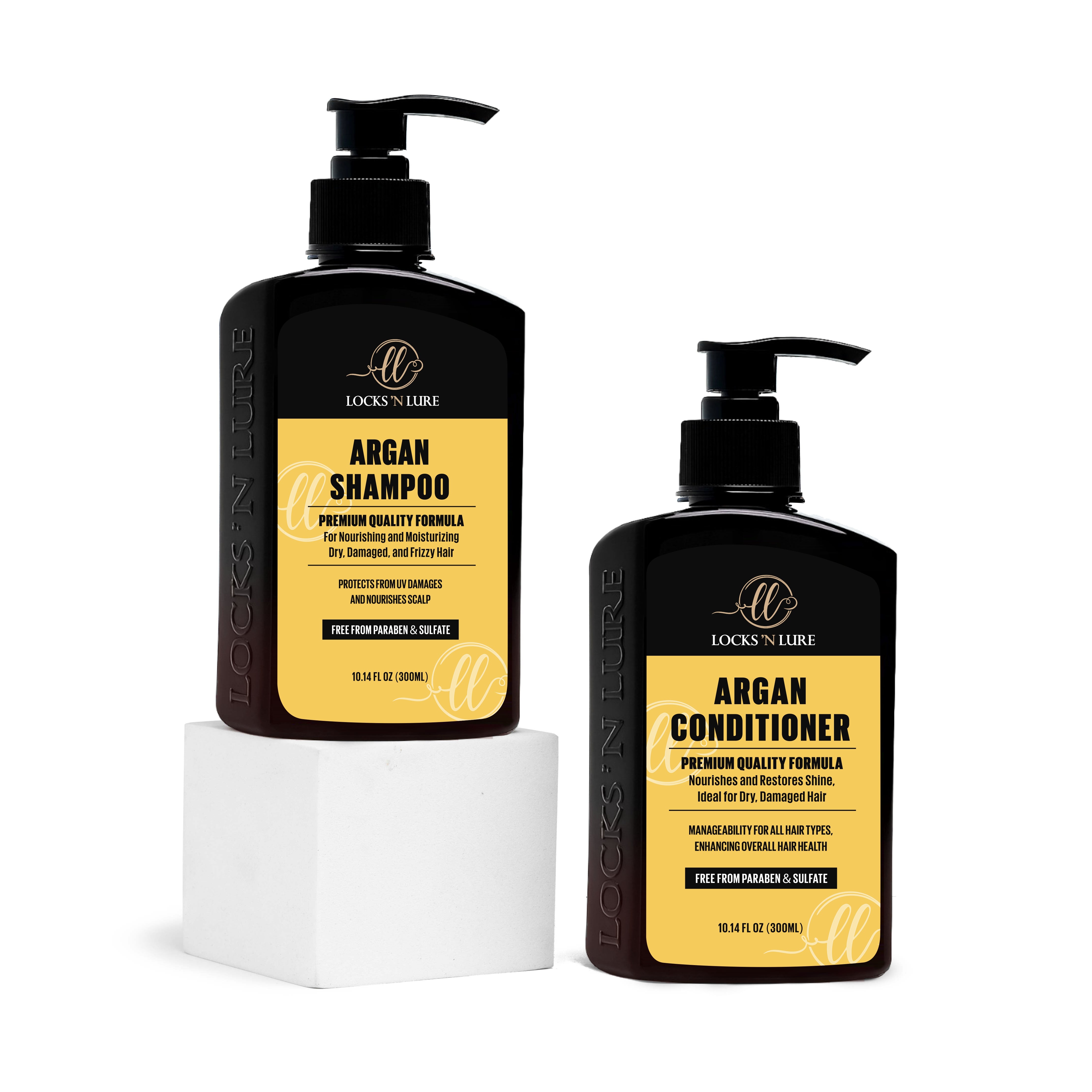 Locks 'N Lure Argan Shampoo and Conditioner bottles on a white background