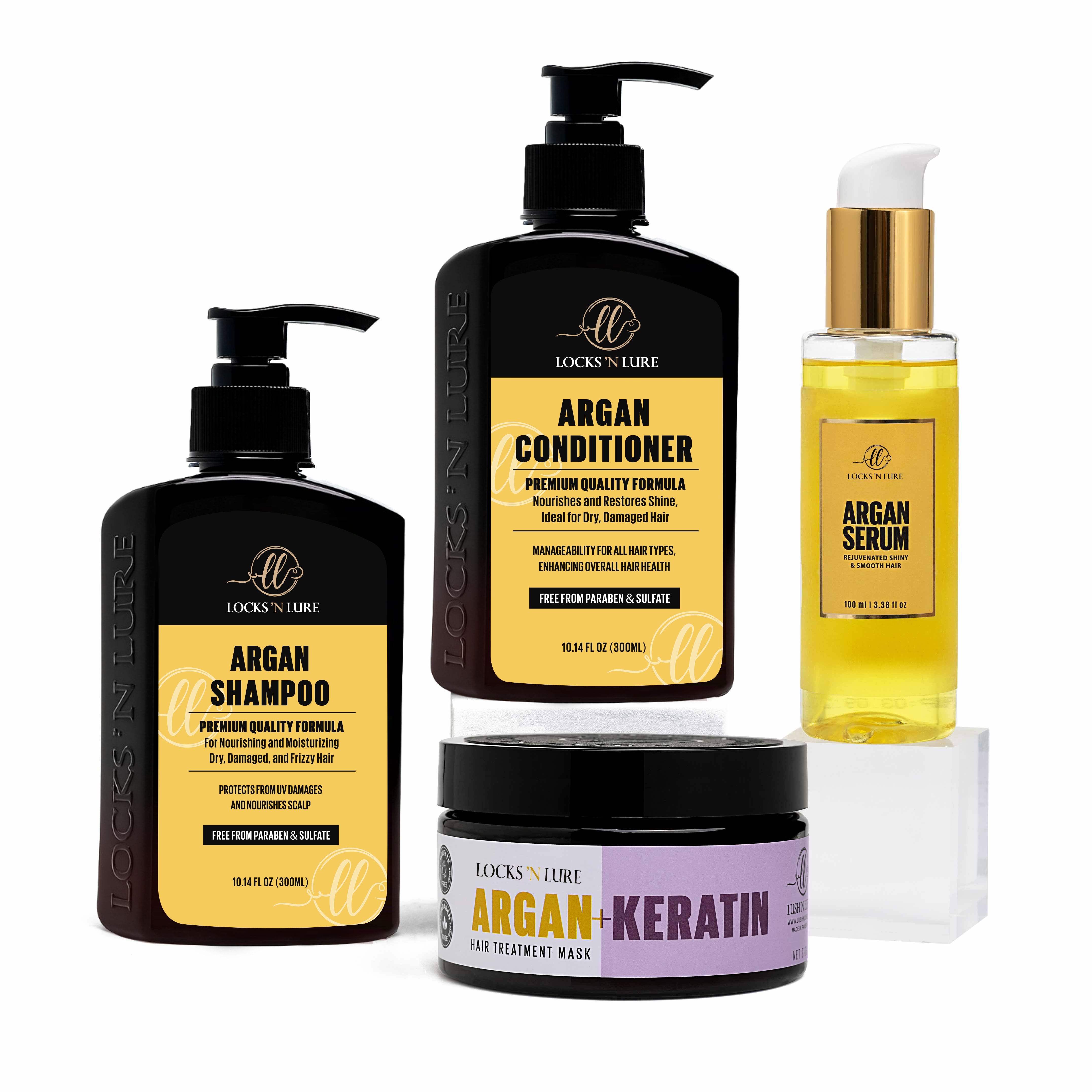 Set of Locks N' Love hair care products including Argan shampoo, conditioner, serum, and mask on a white background.