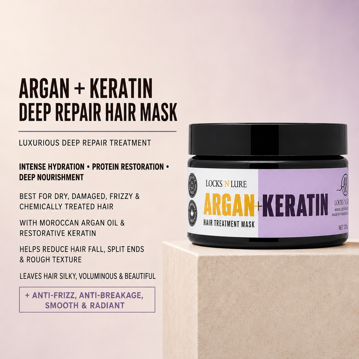 A jar of Locks 'N Nature Argan + Keratin Hair Treatment Mask displayed on a beige pedestal against a soft pink background, with product text on the left.