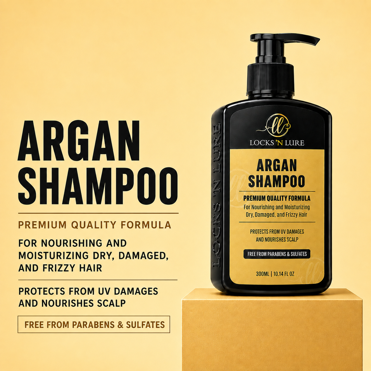 Locks 'N Lure Argan Shampoo in a black pump bottle with a gold label, displayed on a gold pedestal against a matching gold background with product text on the left.