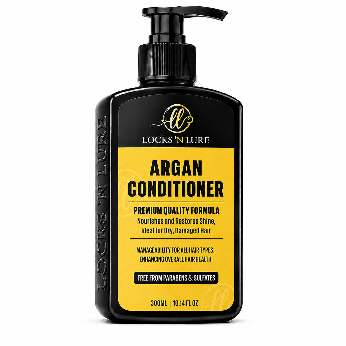 A 300 ml black pump bottle of Locks 'N Lure Argan Conditioner with a black and yellow label, set against a plain white background.