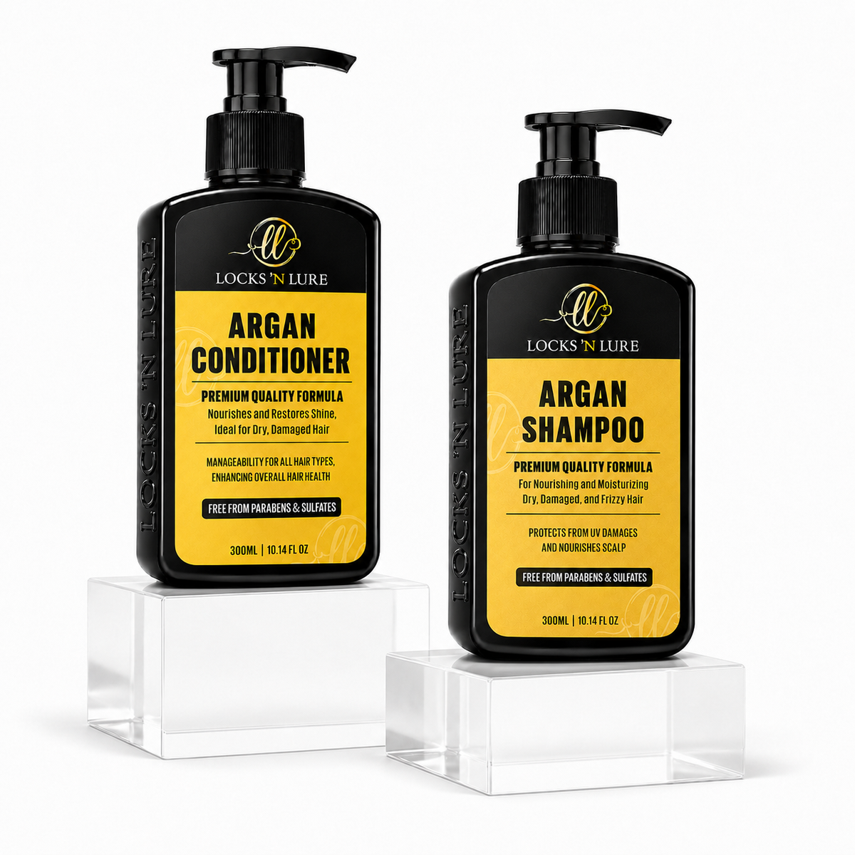 Two black pump bottles of Locks 'N Lure haircare products, one labeled Argan Conditioner and the other labeled Argan Shampoo, displayed on clear acrylic risers against a white background.
