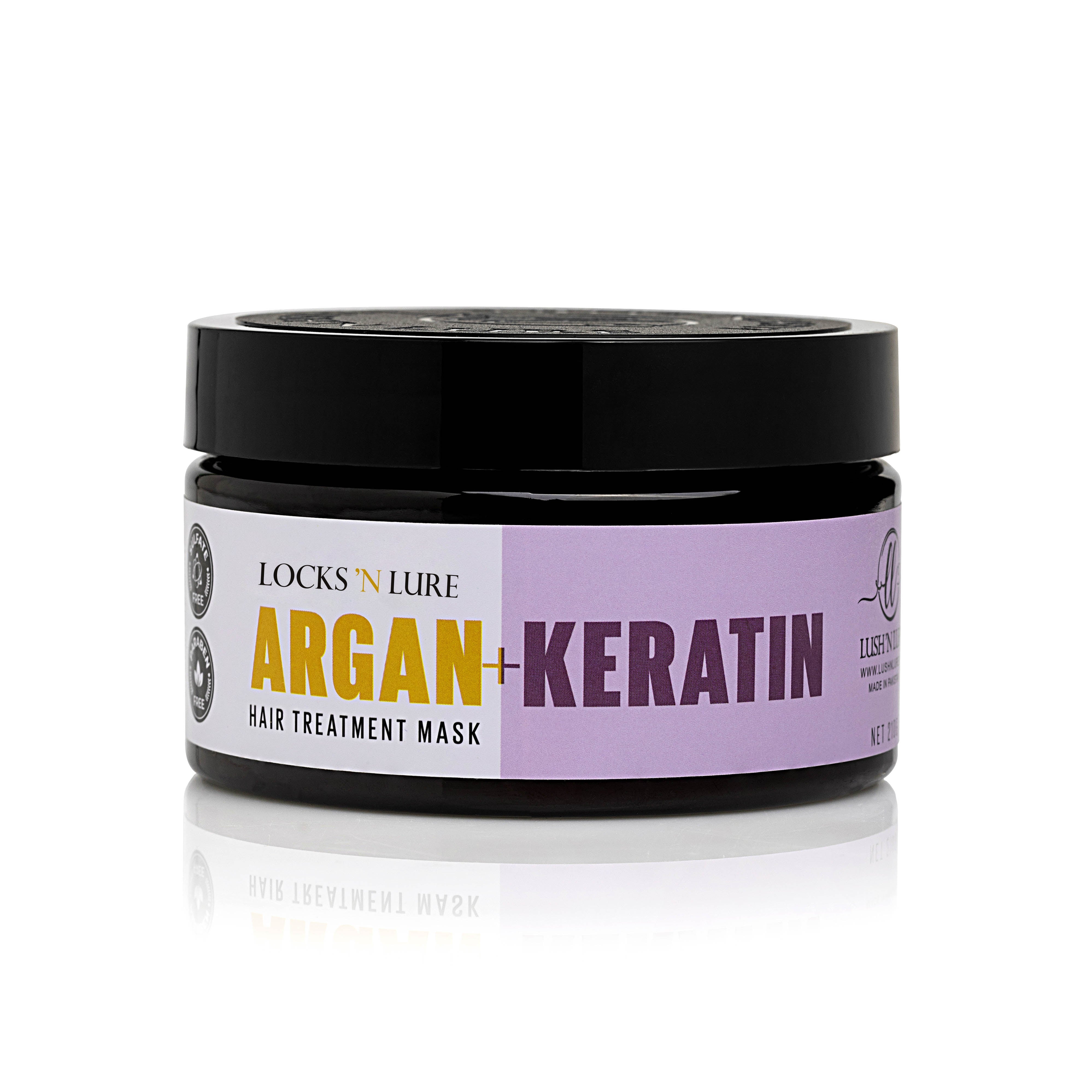 Jar of Locks N' Lure Argan + Keratin hair treatment mask on a white background