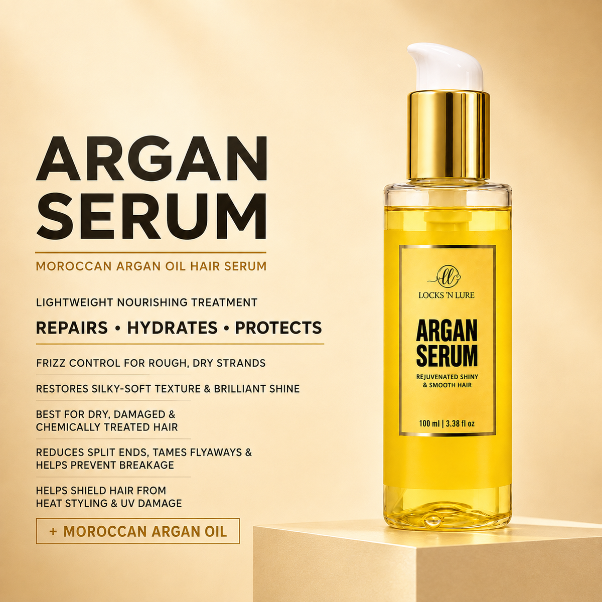 A bottle of Locks 'N' Lure Argan Serum Moroccan Argan Oil Hair Serum with a gold cap and white pump, displayed on a beige pedestal against a matching beige background with product text on the left.
