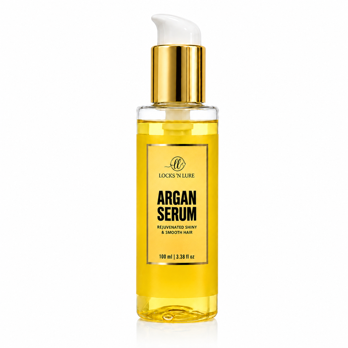 A bottle of Locks 'N Lure Argan Serum with a white pump and a shiny gold collar, containing a bright yellow liquid, set against a plain white background.