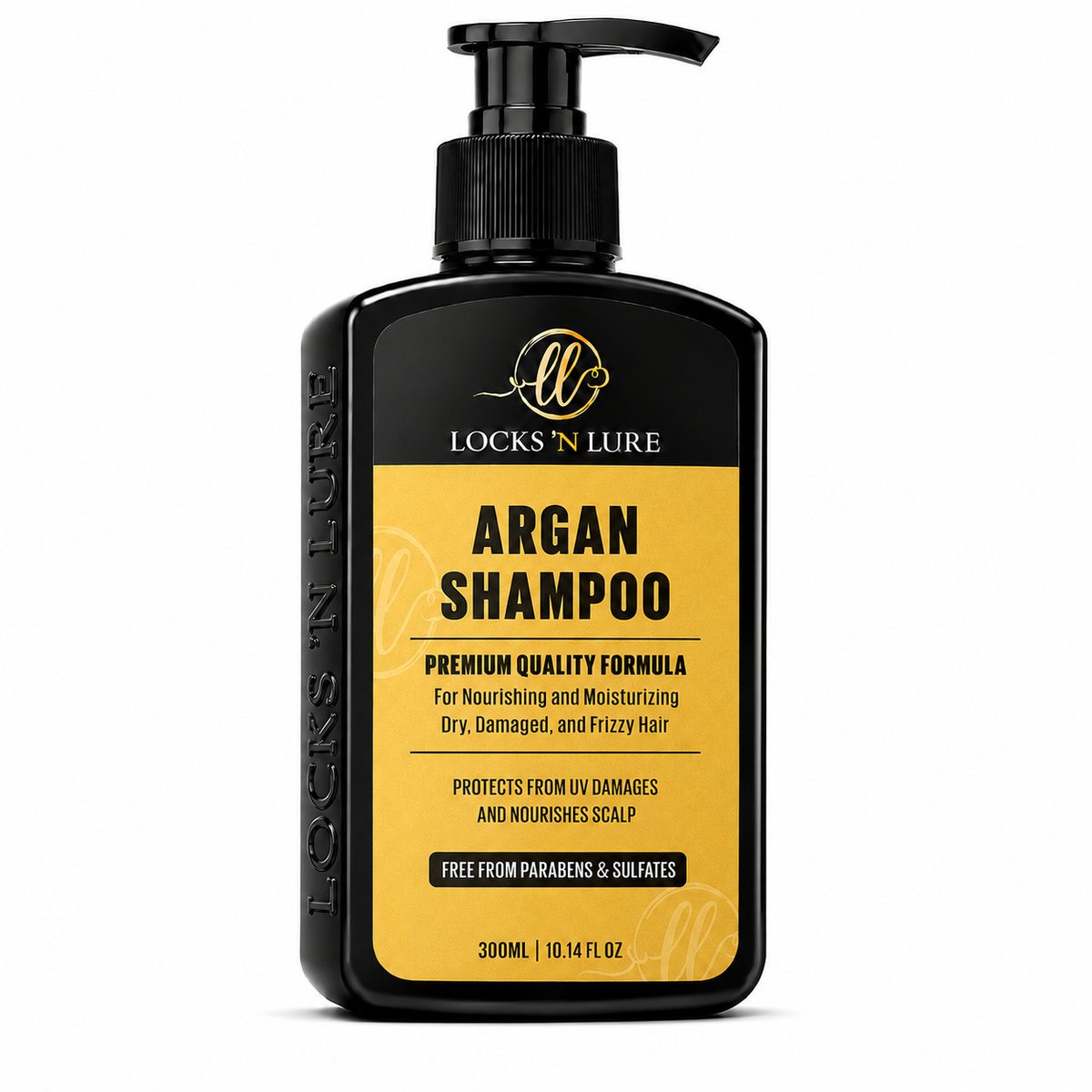 A 300ml black pump bottle of Locks 'N Lure Argan Shampoo, featuring a black and yellow label, set against a plain white background.