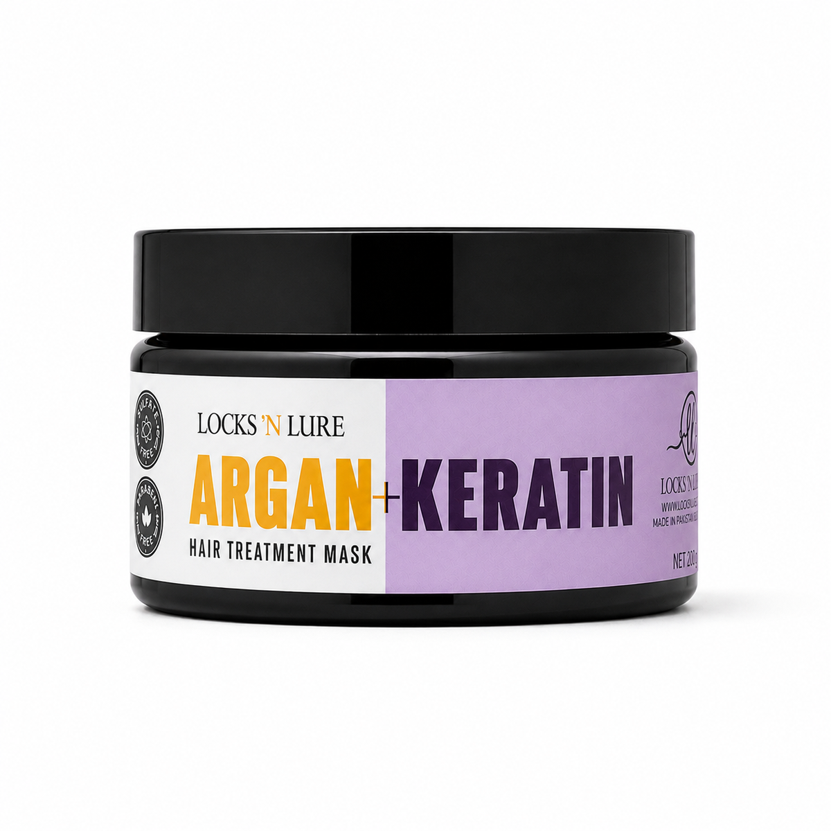 A black plastic jar of Locks 'N Lure Argan + Keratin Hair Treatment Mask with a black lid, featuring a white and lavender label.