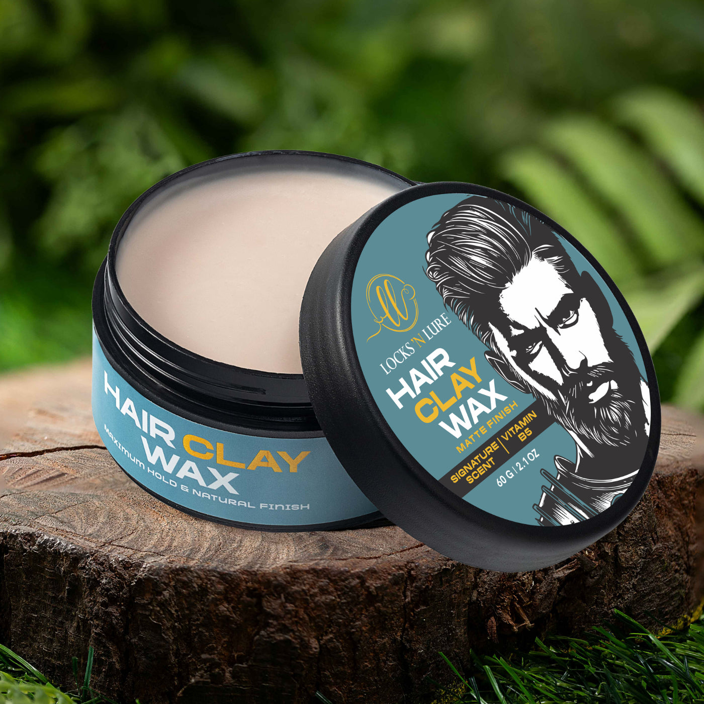 Hair clay wax container with lid open on a wooden stump outdoors