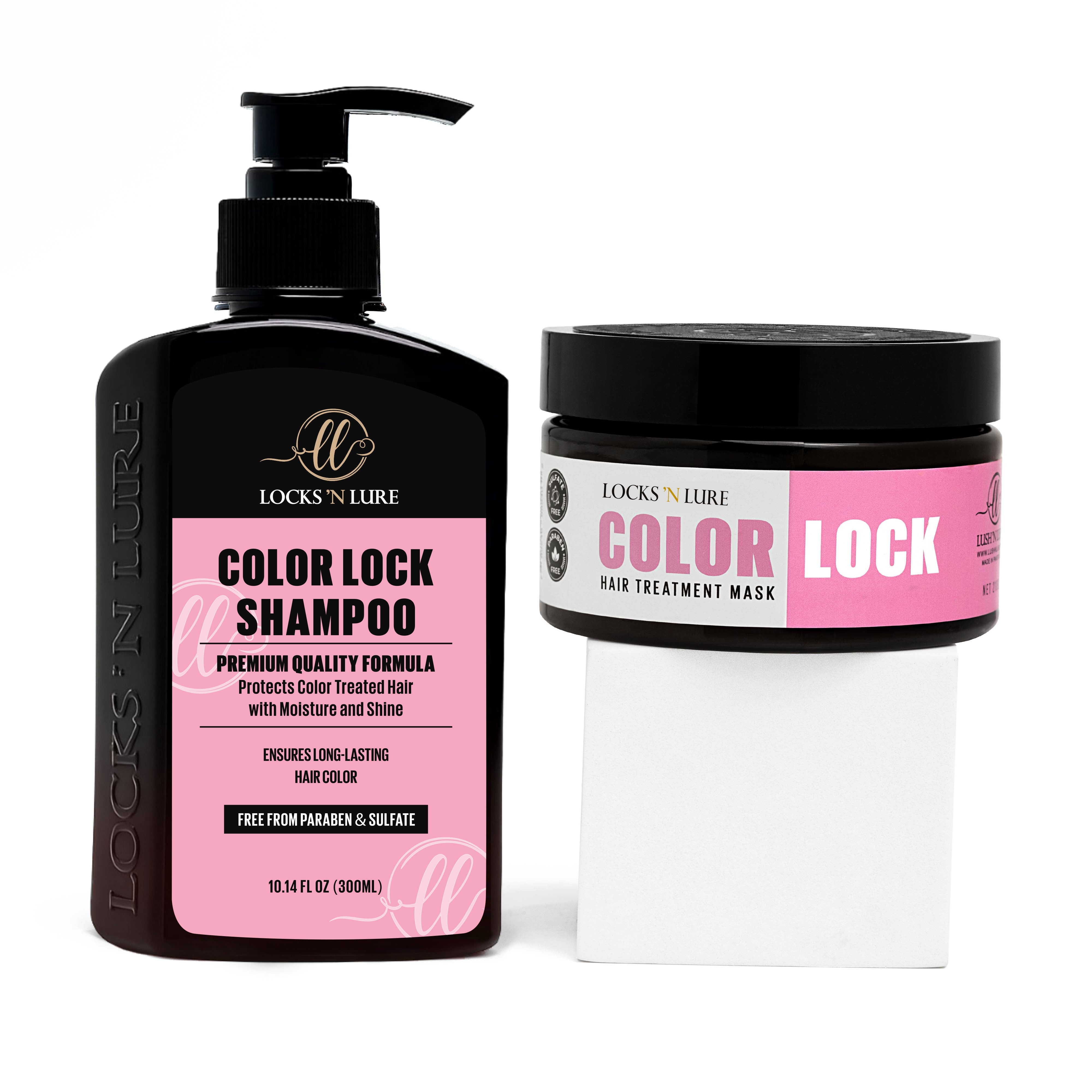 Locks 'N Lure Color Lock shampoo and hair treatment mask on a white background