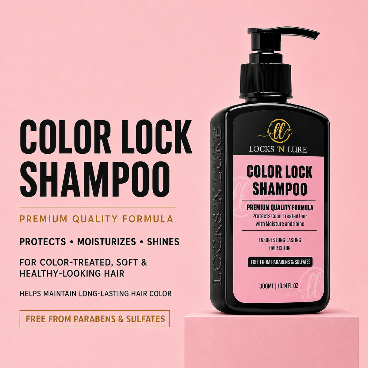 A bottle of Locks 'N Lure Color Lock Shampoo stands on a pink pedestal against a pink background, with large black text on the left describing the product benefits.