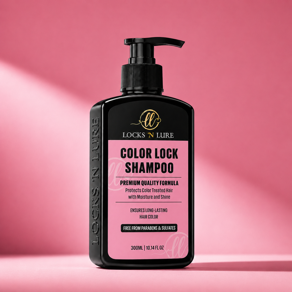 A black pump bottle of Locks 'N Lure Color Lock Shampoo with a pink label, set against a pink background with soft diagonal shadows.