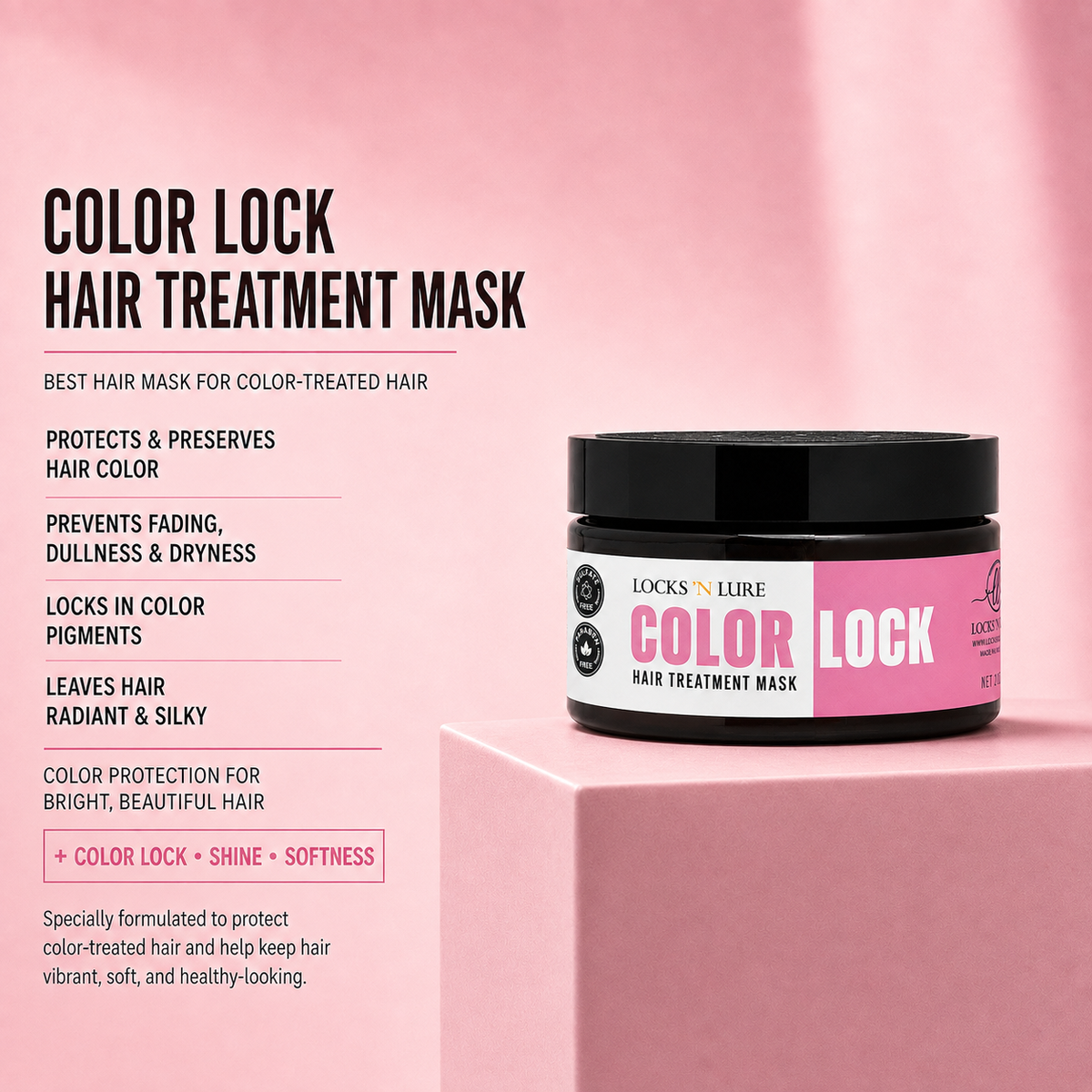 A jar of Locks 'Lure Color Lock Hair Treatment Mask is displayed on a pink pedestal against a pink background, with product details and benefits listed on the left.