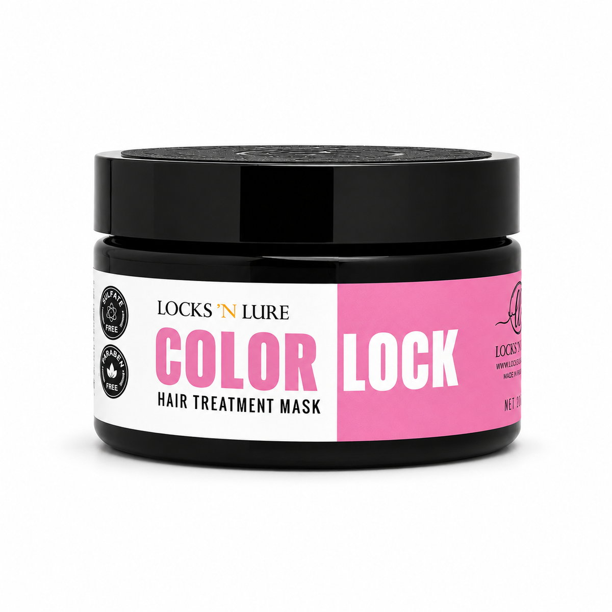 A black plastic jar of Locks 'N Lure Color Lock Hair Treatment Mask with a black lid, featuring a white and pink label.