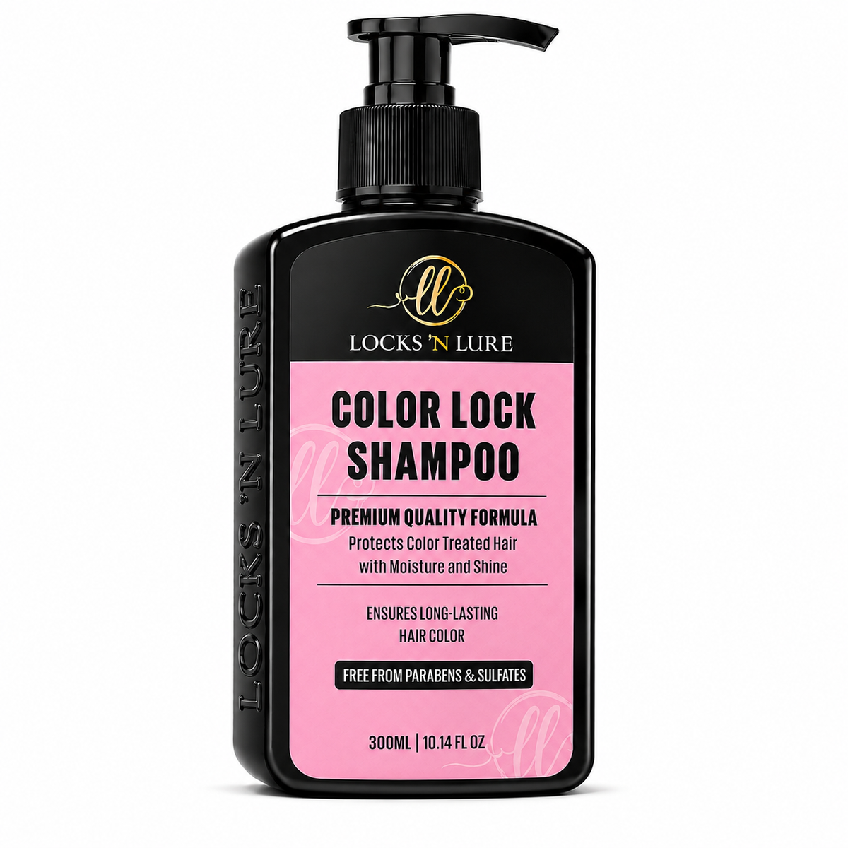 A 300 ml bottle of Locks 'N Lure Color Lock Shampoo. The bottle is black with a black pump dispenser and features a prominent pink label with black text.