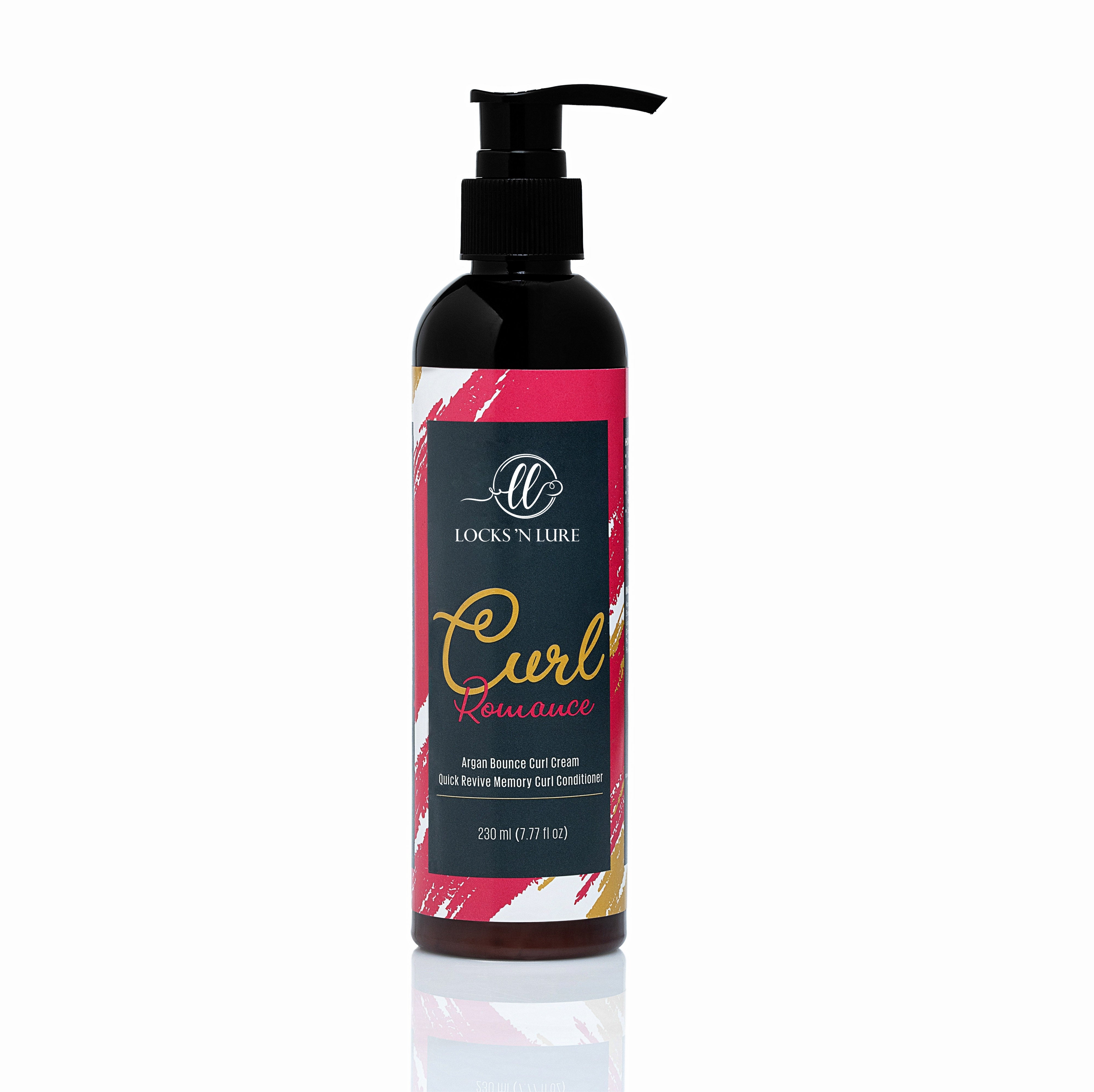 Bottle of Locks 'N Lure Curl Romance hair product on a white background
