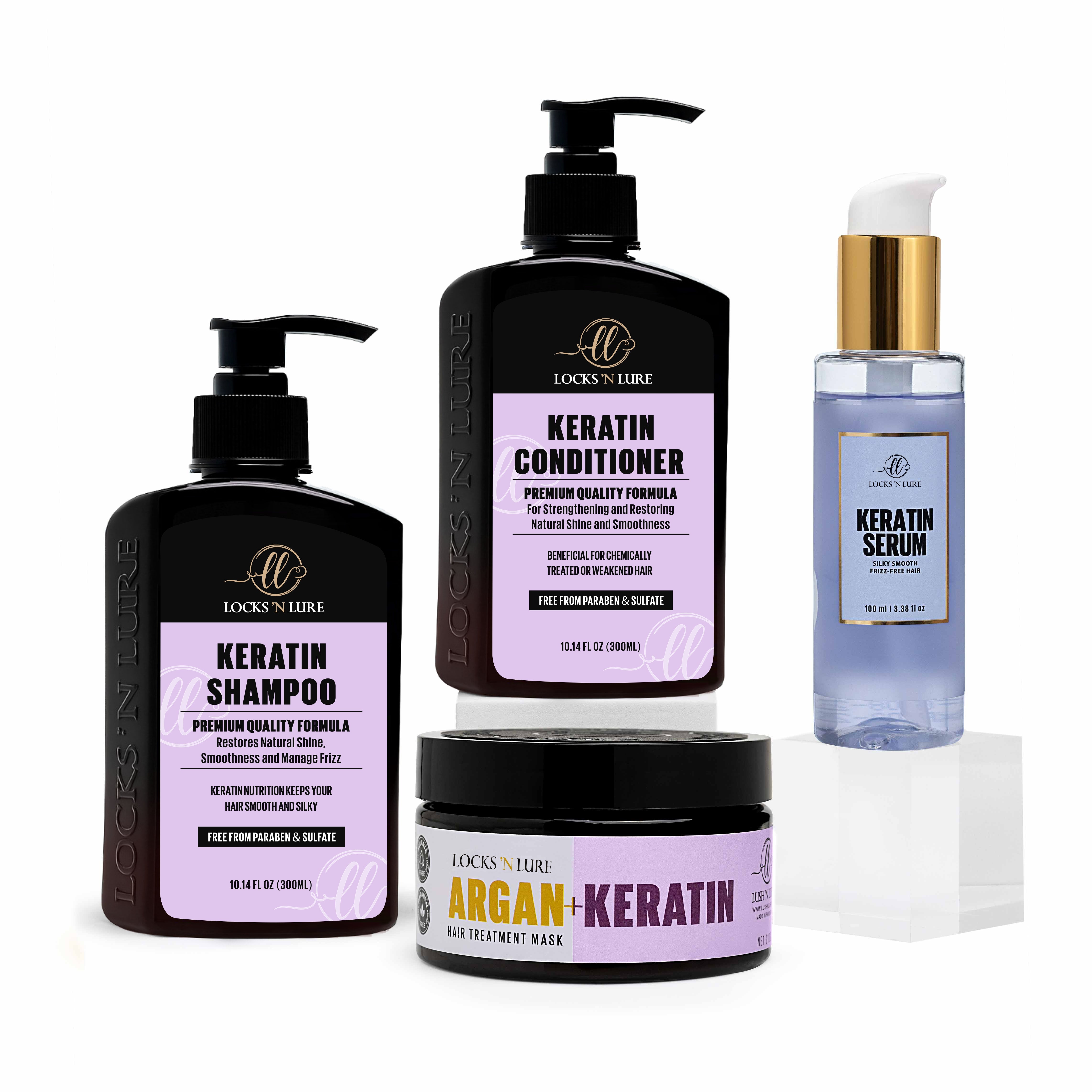 Set of Locks 'N' Lure hair care products including Keratin shampoo, conditioner, serum, and mask on a white background.