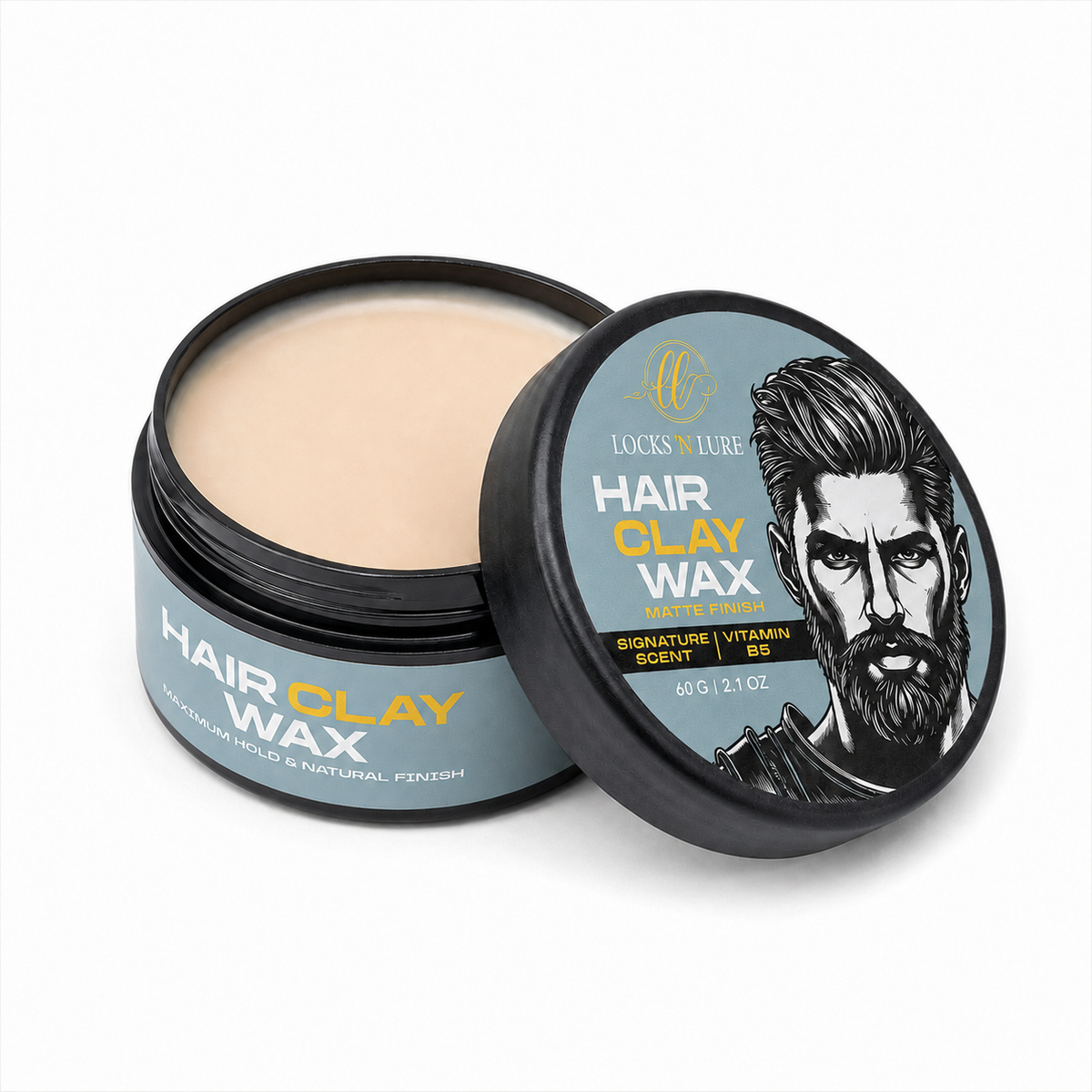 An open jar of Locks & Lure Hair Clay Wax with its lid leaning against it, showing the beige clay-like product inside. The jar and lid feature a dark gray label with yellow and white text and an illustration of a bearded man.